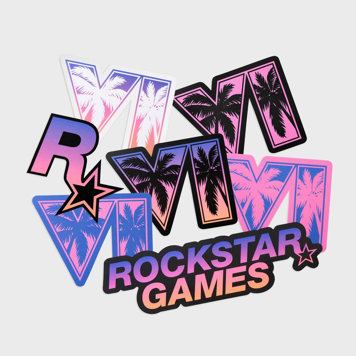 Sticker set from the GTA 6 collection: VI palm tree logos in pink, blue and gradient, plus Rockstar Games logos