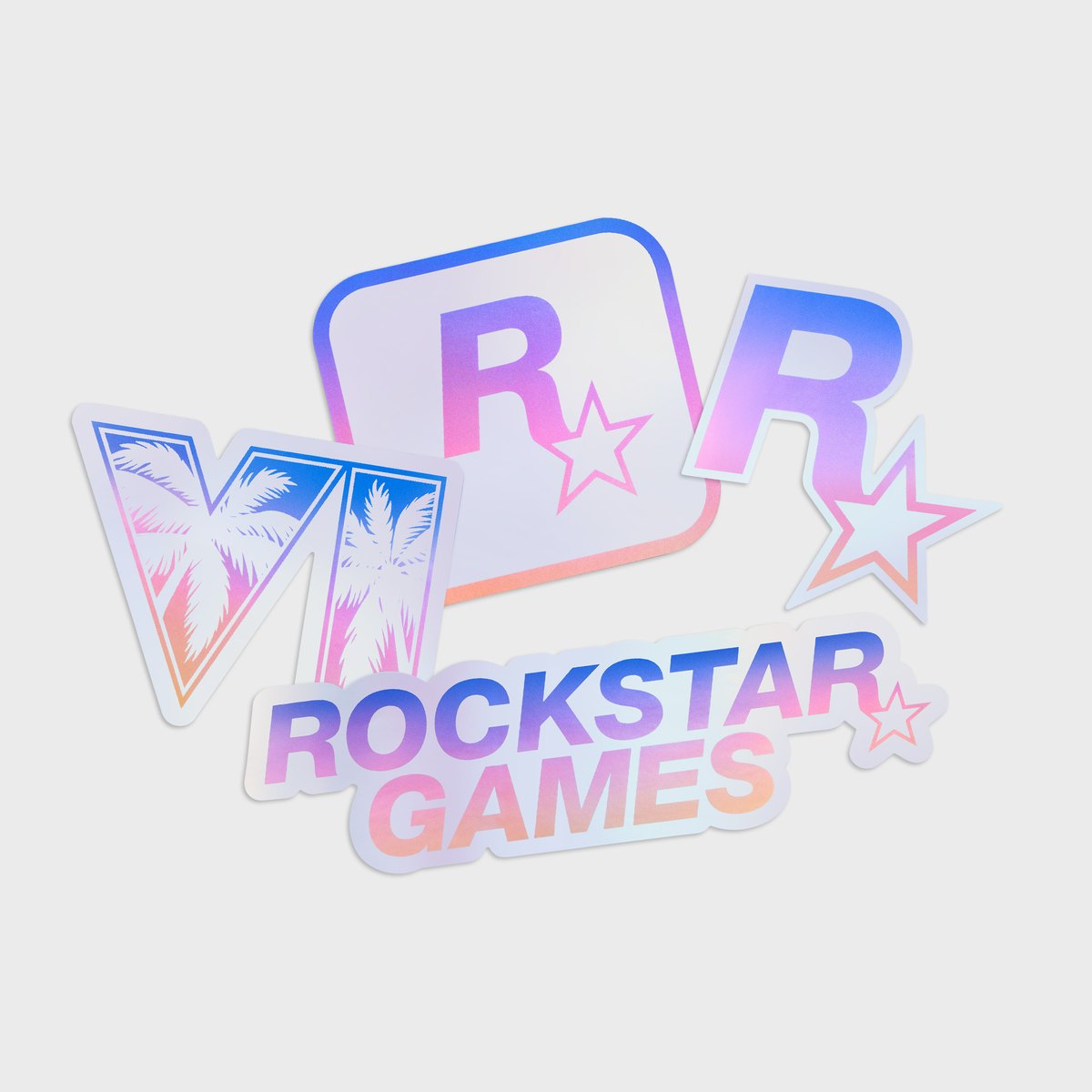 Set of 4 holographic stickers from the GTA 6 collection with iridescent reflections: Rockstar Games and VI logos