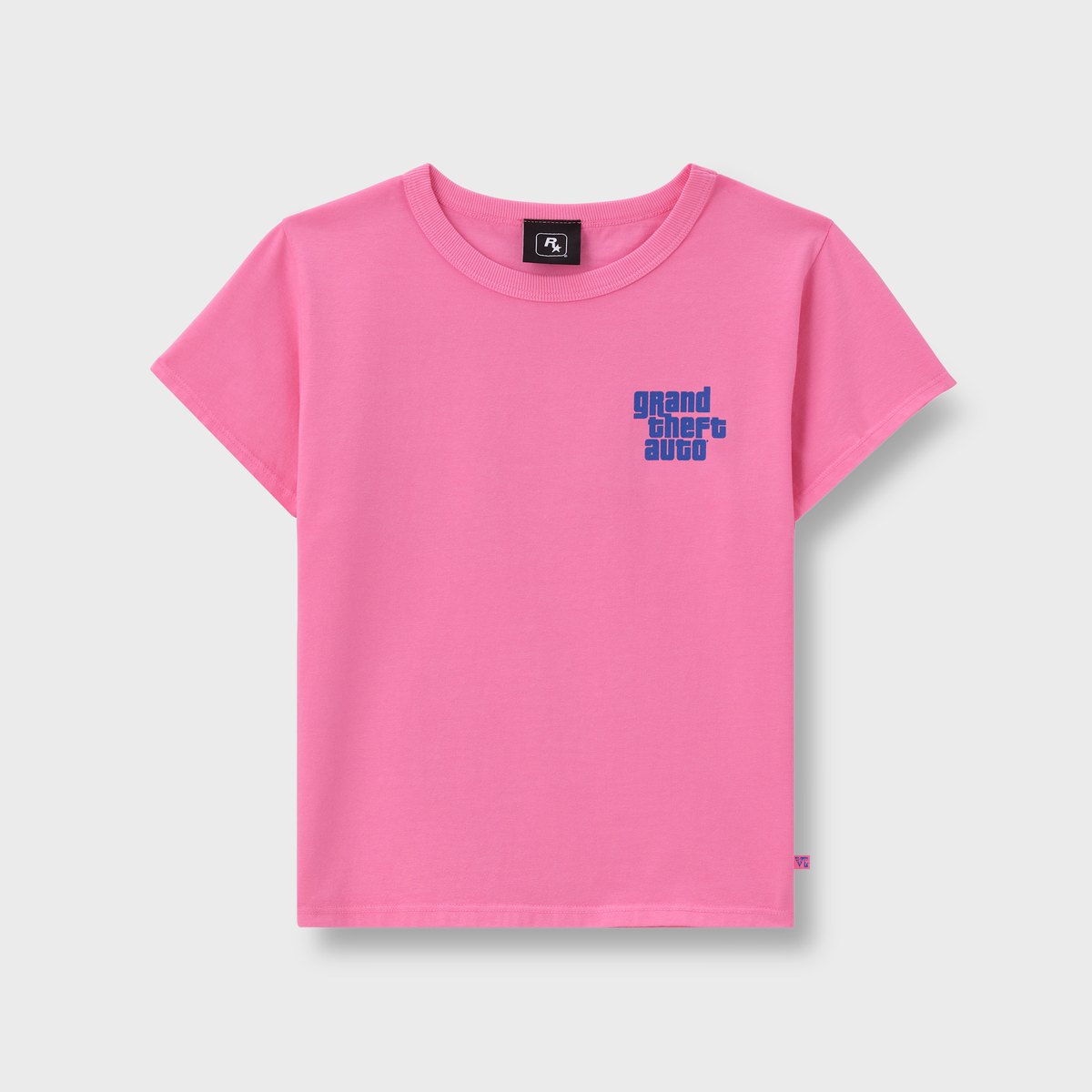 Pink women's cropped tee from the GTA 6 collection, with a small blue Grand Theft Auto logo on the chest