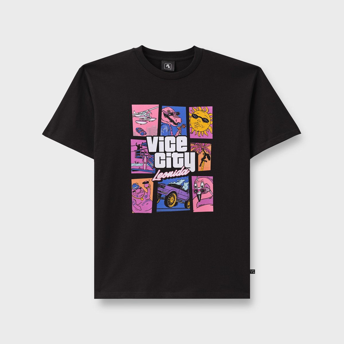Black GTA 6 Goodtime State tee with a grid of illustrated panels around the Vice City Leonida logo