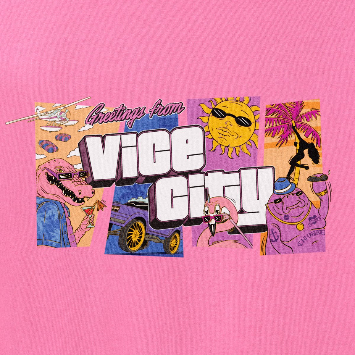 Close-up of the GTA 6 Greetings from Vice City print: Macca the Gator, a sun in sunglasses, a flamingo and a manatee