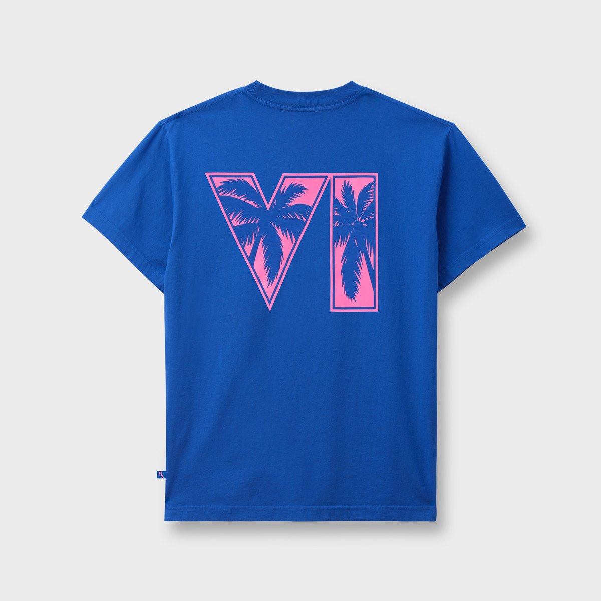 Blue GTA 6 collection tee seen from the back, with a large pink VI logo with palm trees
