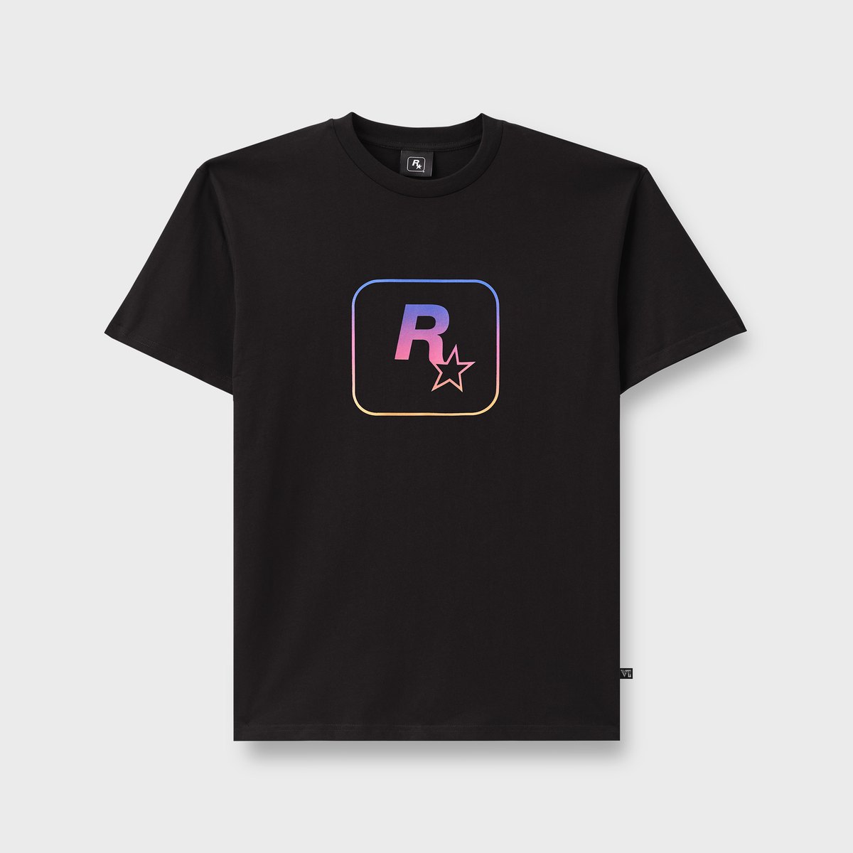 Black GTA 6 collection tee with the Rockstar Games logo in a Vice City multicolor gradient
