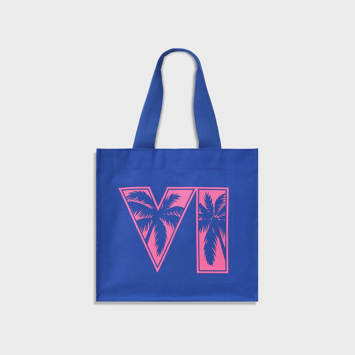 Blue canvas tote bag from the GTA 6 collection with a large pink VI logo with palm trees