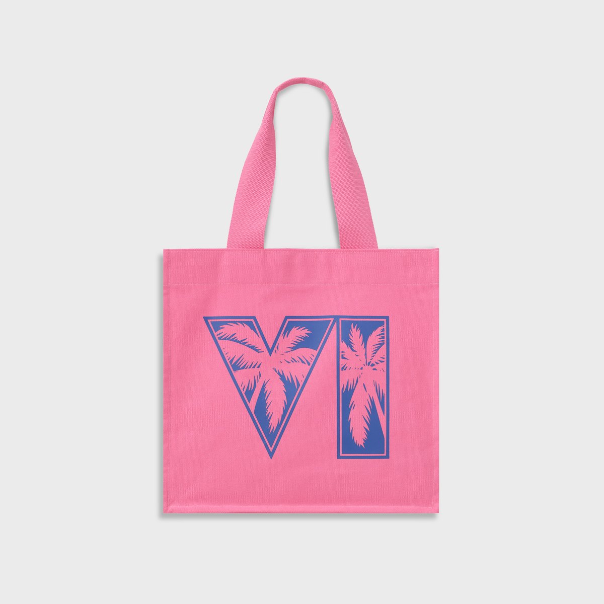 Pink canvas tote bag from the GTA 6 collection with a large blue VI logo with palm trees