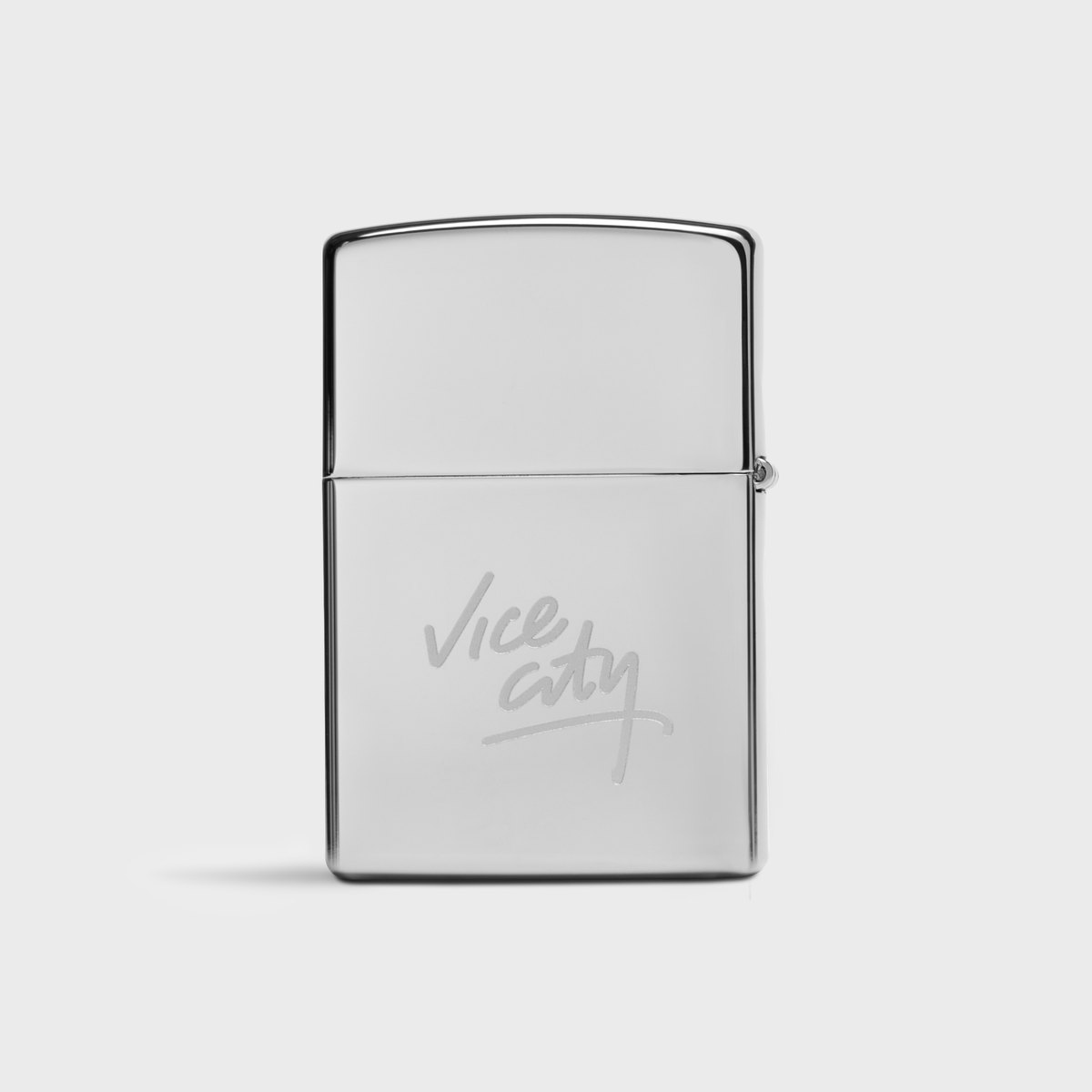 Polished chrome Zippo lighter from the GTA 6 collection, engraved with the classic Vice City logo