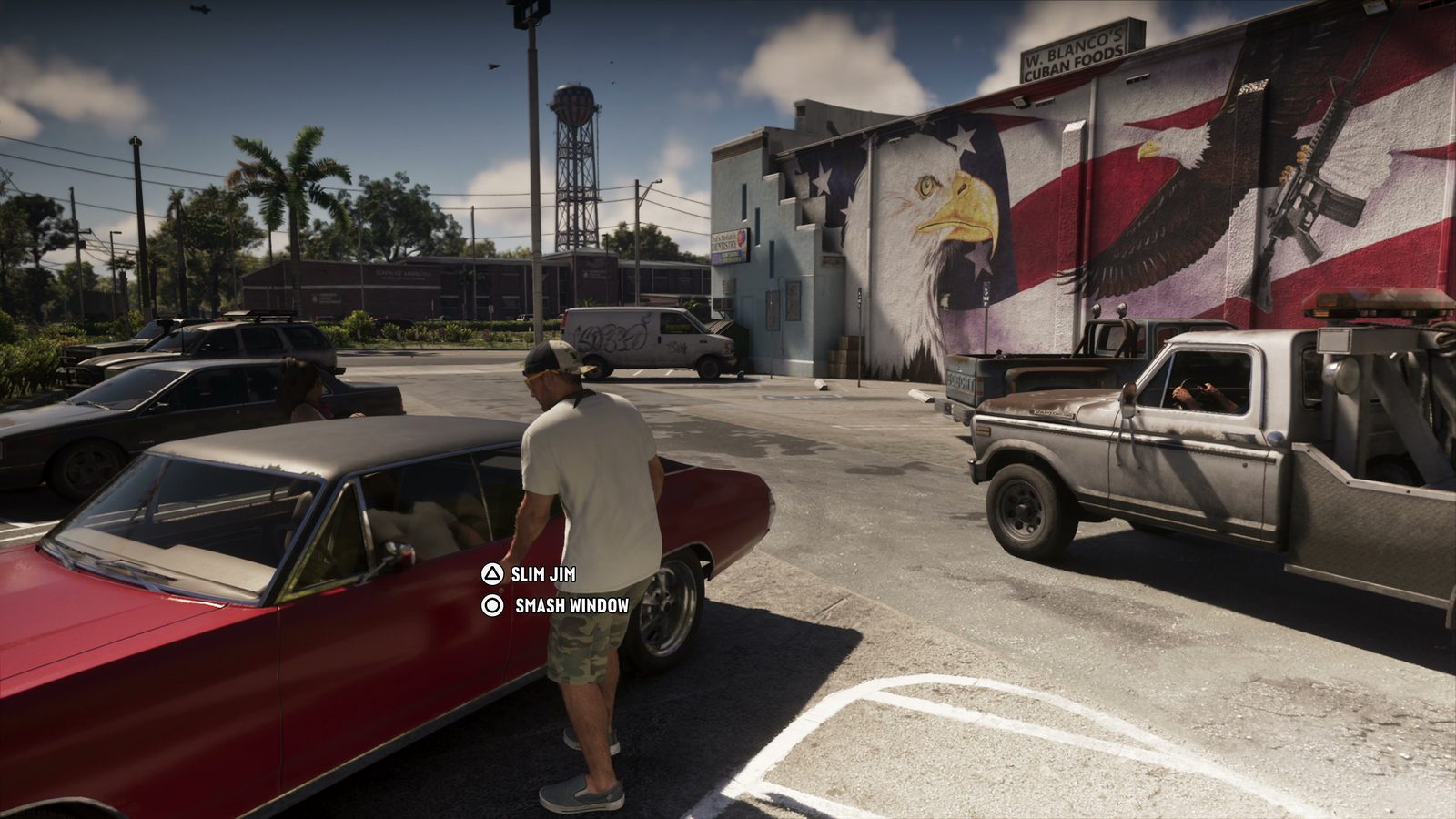 Een man met pet staat op het punt in te breken in een rode oldtimer op een parkeerplaats, voor een muurschildering van een adelaar, in de officiële GTA 6 Extended Look