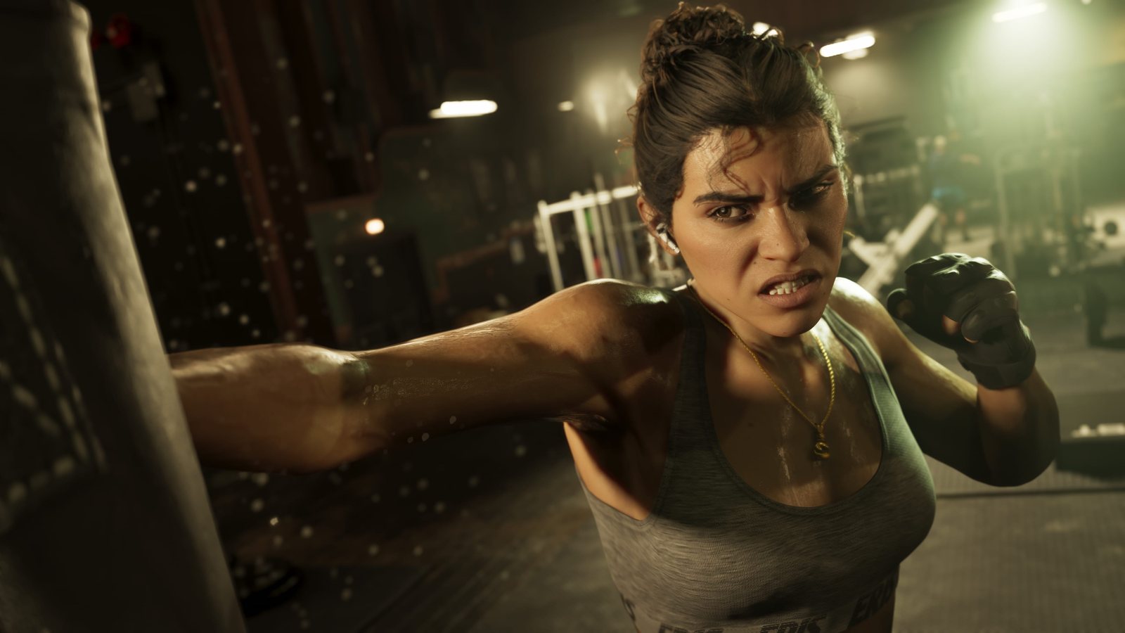 Lucia Caminos in a tank top, fist clenched, ready to strike, official GTA 6 image