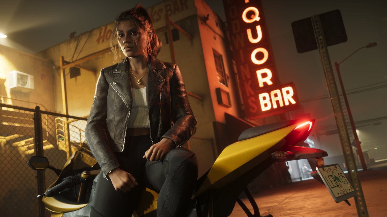 Lucia Caminos in a leather jacket on a yellow motorcycle, official GTA 6 image