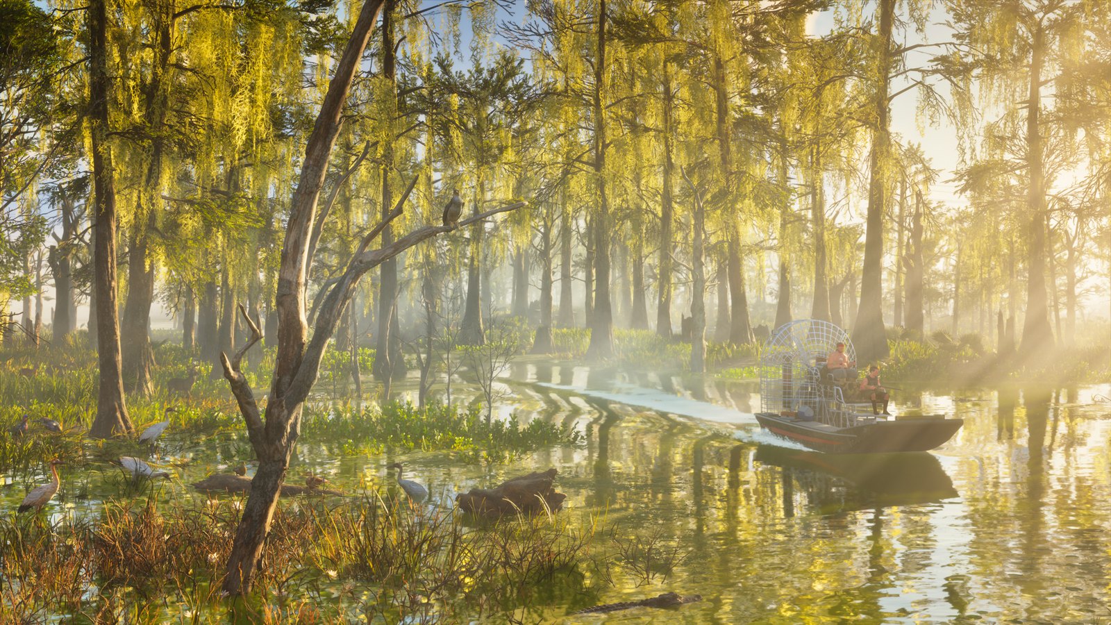 Ślizgacz ze śmigłem sunie przez skąpane w słońcu bagno cyprysowe w GTA 6