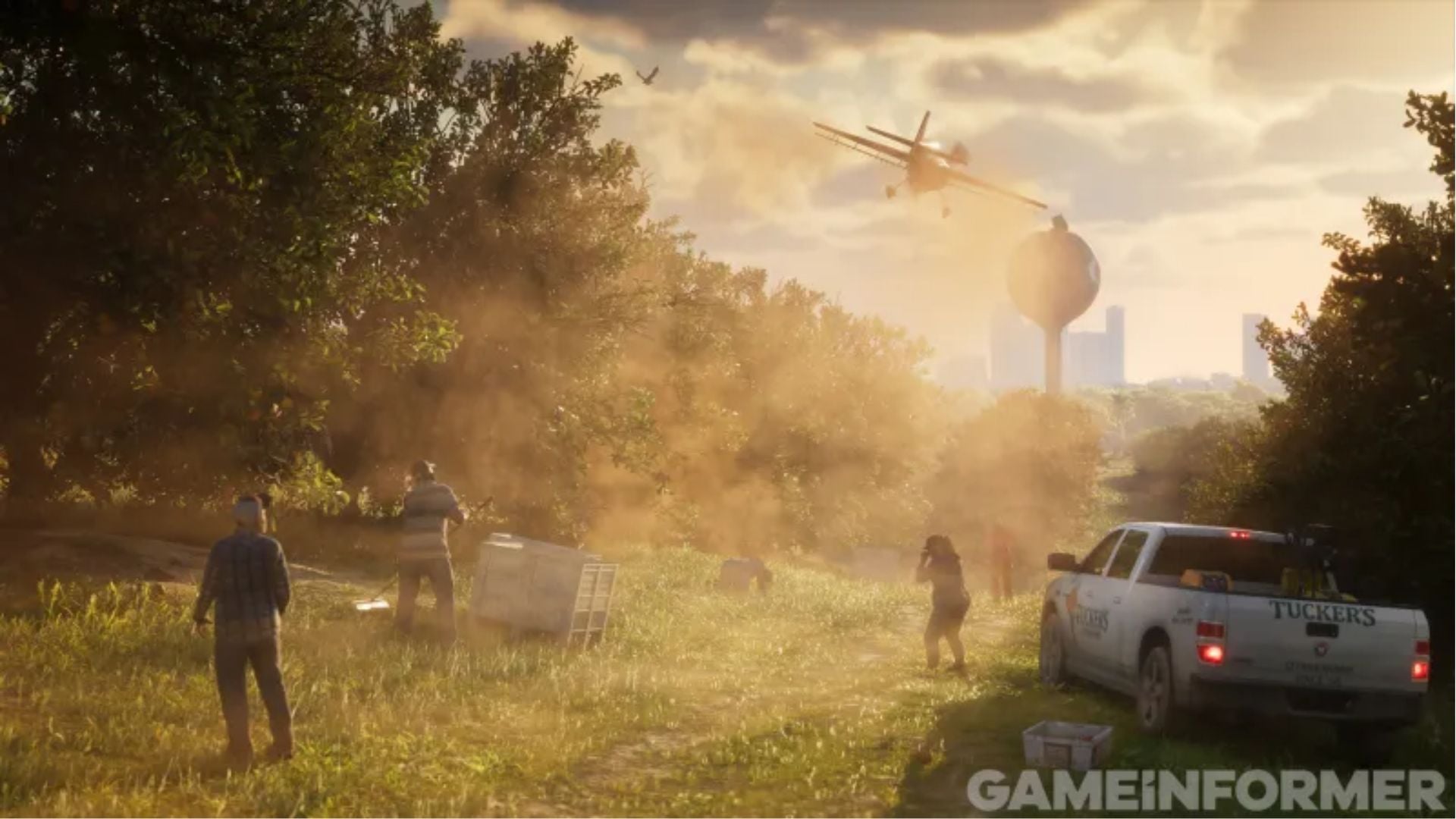 A crop duster flies low over an orchard in GTA 6, with farm workers, a white pickup truck and a water tower