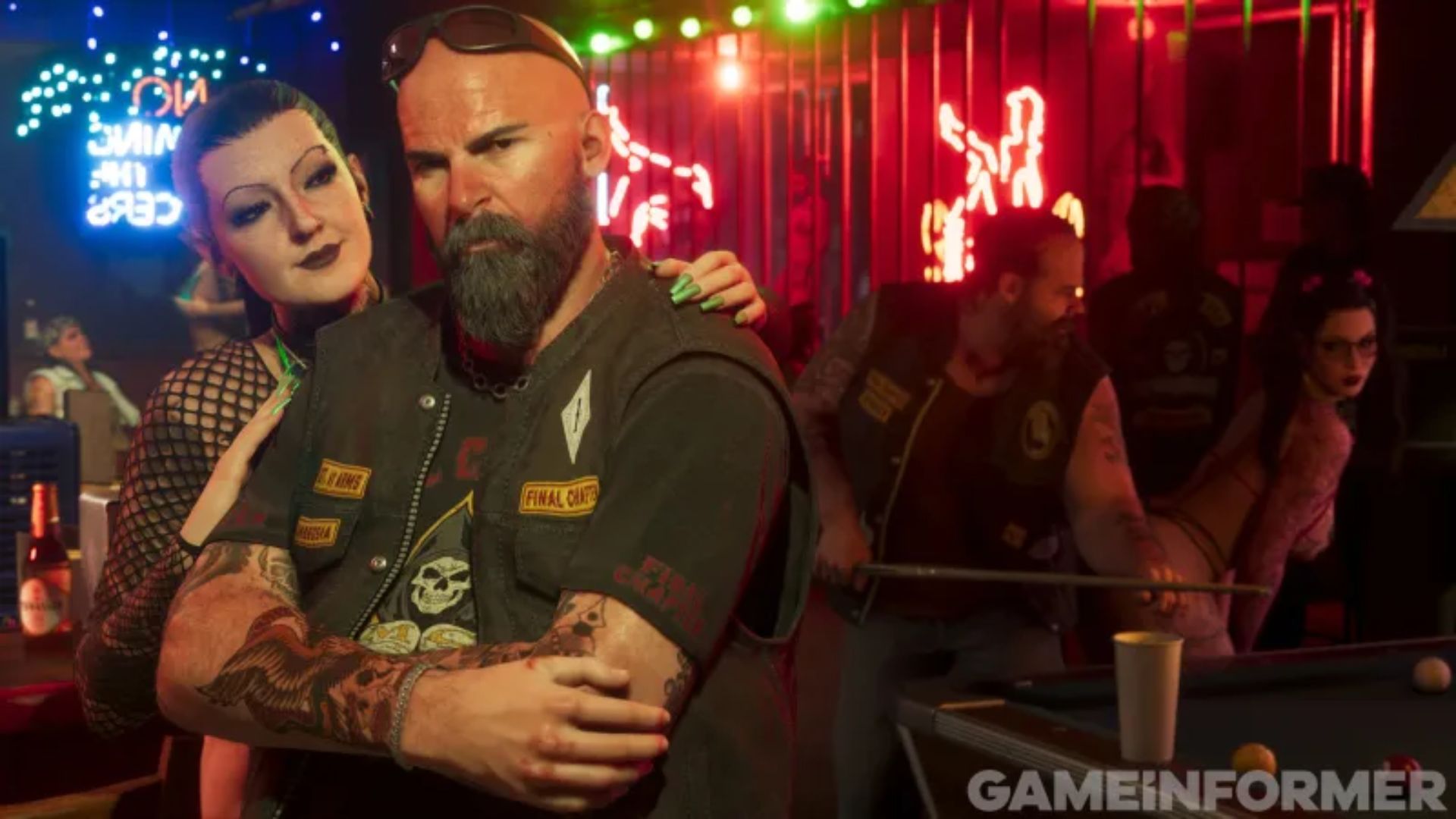 In a neon-lit bar in GTA 6, a bearded biker in a patched vest is embraced by a woman, next to a pool table