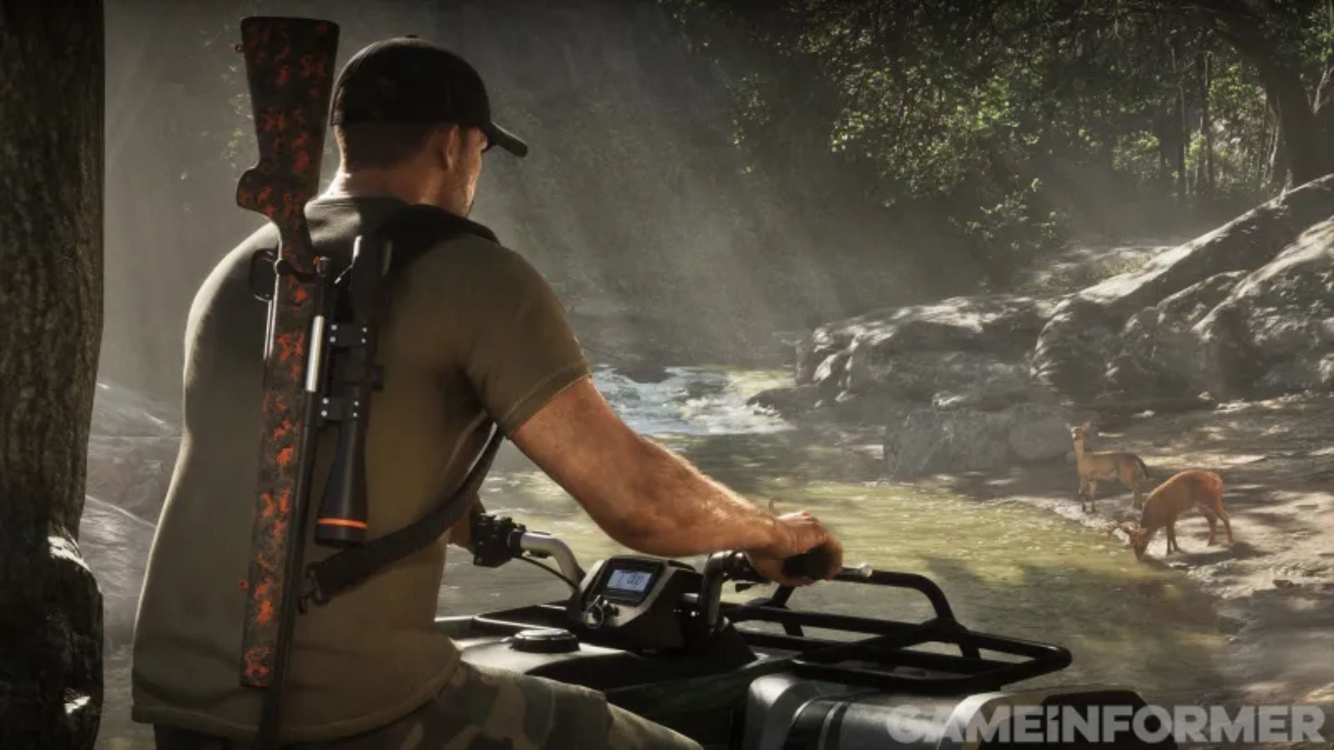 A hunter on an ATV with a scoped rifle on his back watches deer by a forest stream in GTA 6