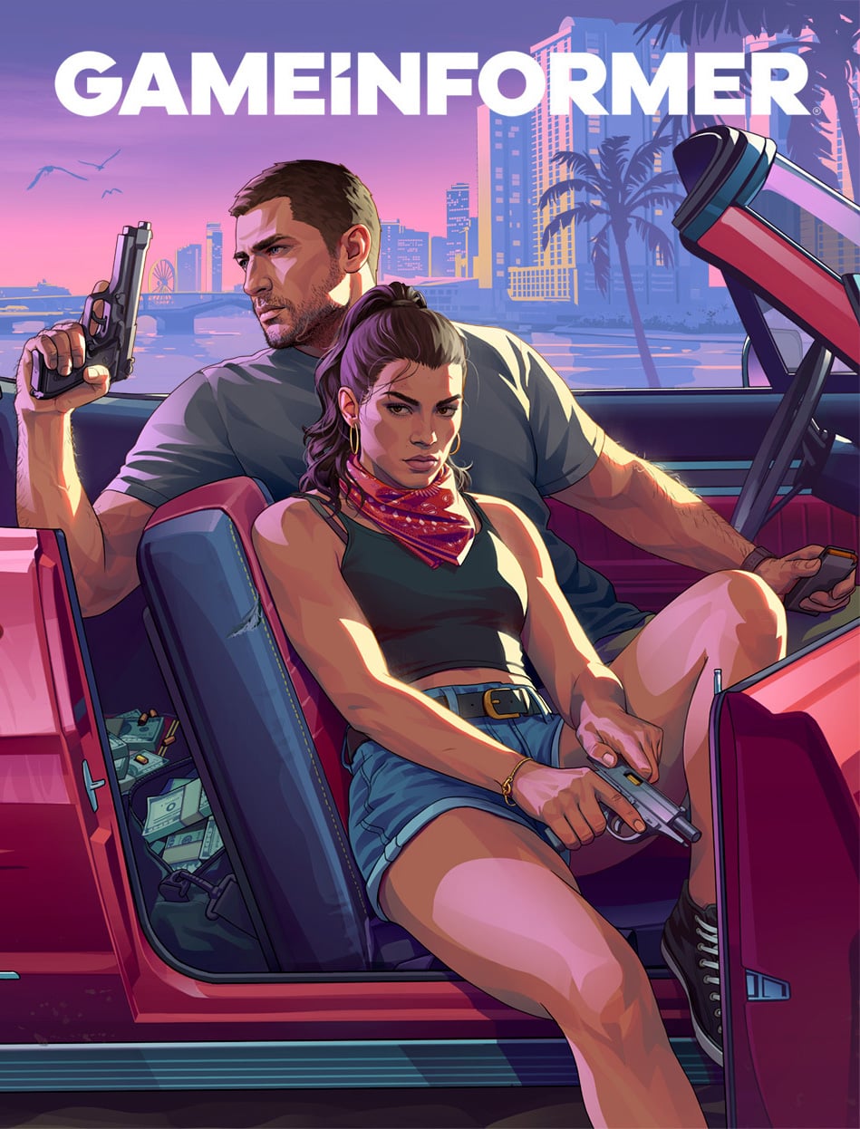 Cover of Game Informer issue 382 on GTA 6: Jason and Lucia, guns in hand, sitting in a pink convertible