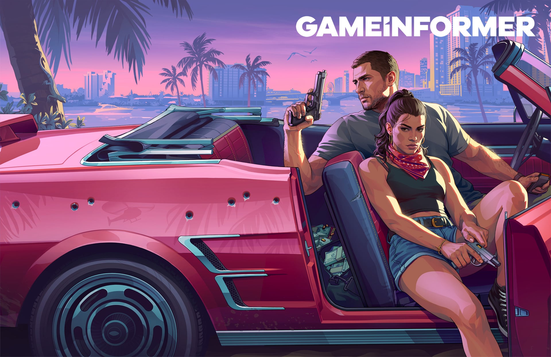 Game Informer GTA 6 cover artwork: Jason and Lucia holding guns in a bullet-riddled pink convertible