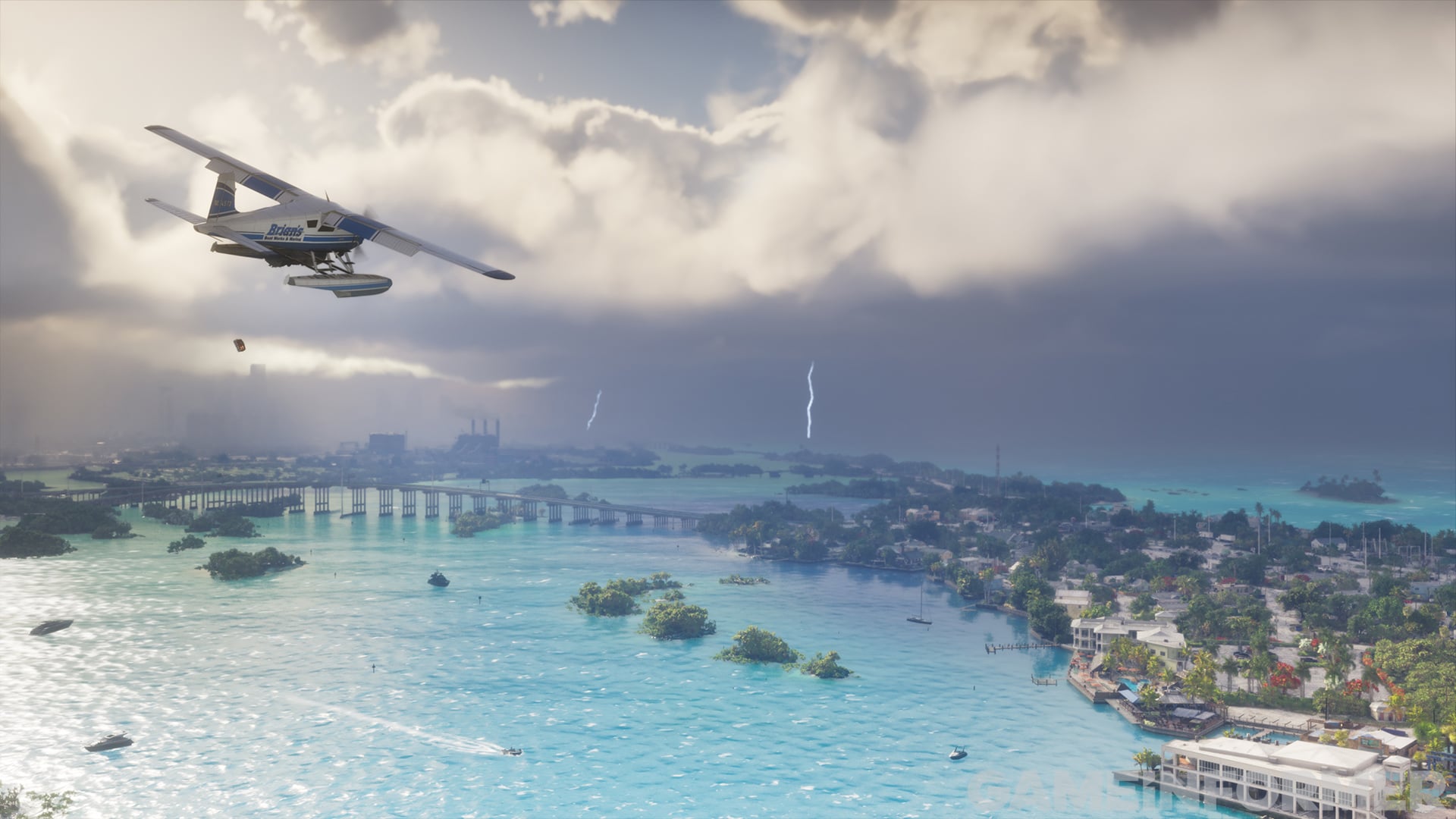 A seaplane flies over turquoise water and small islands in GTA 6, with a long bridge and a storm in the distance