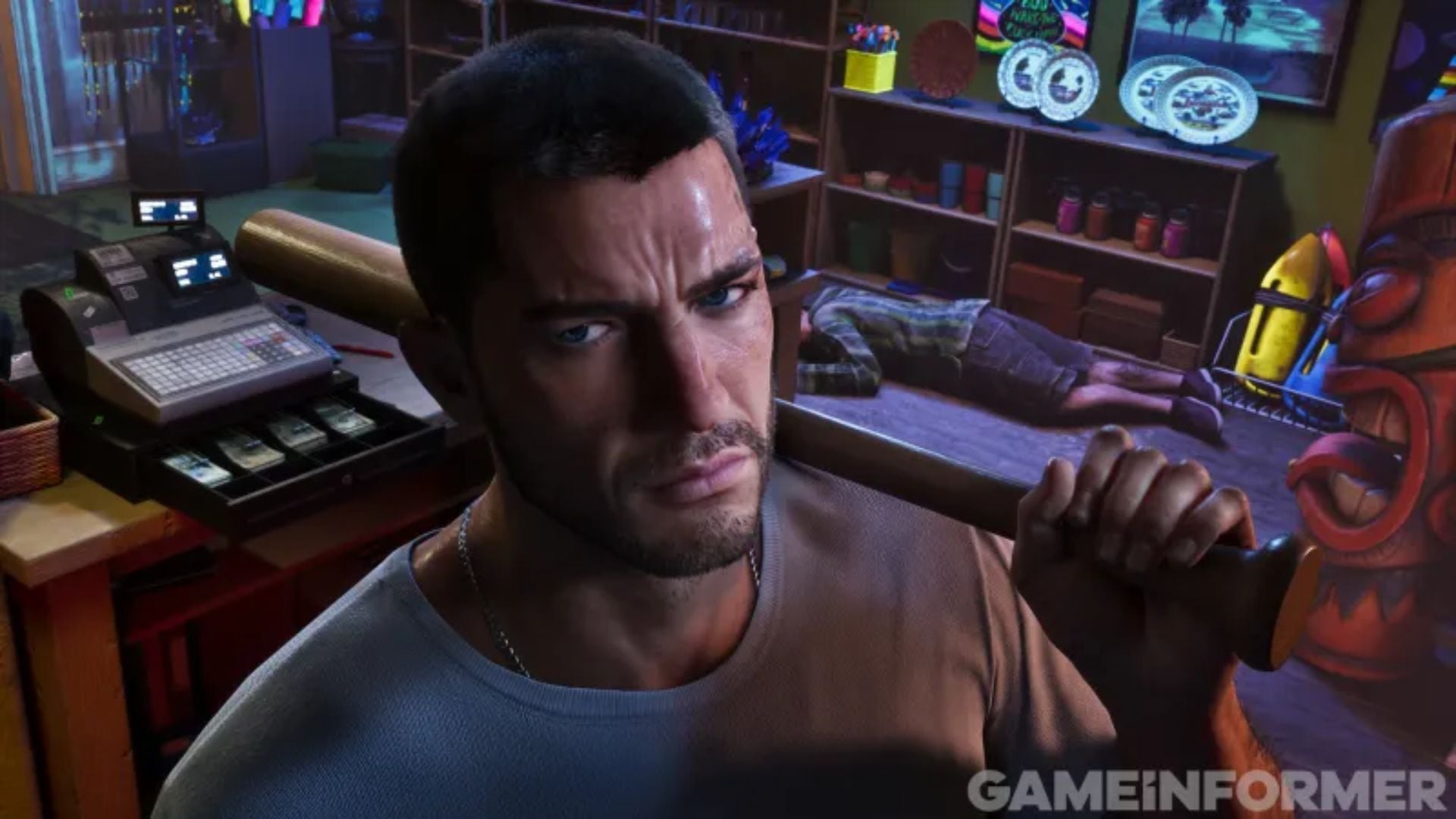 Jason with a baseball bat on his shoulder inside a shop in GTA 6, the cash drawer open and someone on the floor