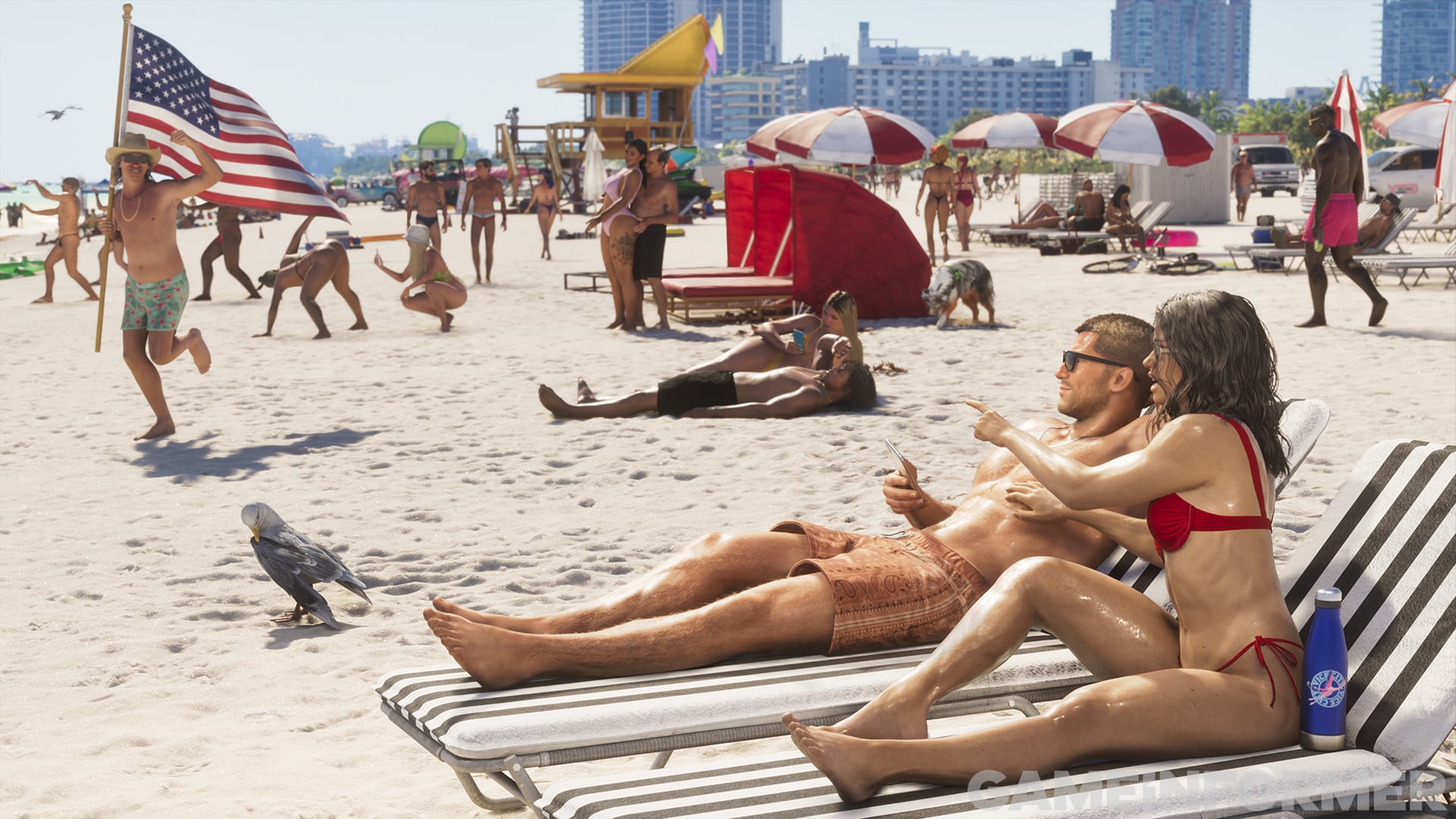 Jason and Lucia on striped loungers at the beach in GTA 6 while a man runs by with an American flag