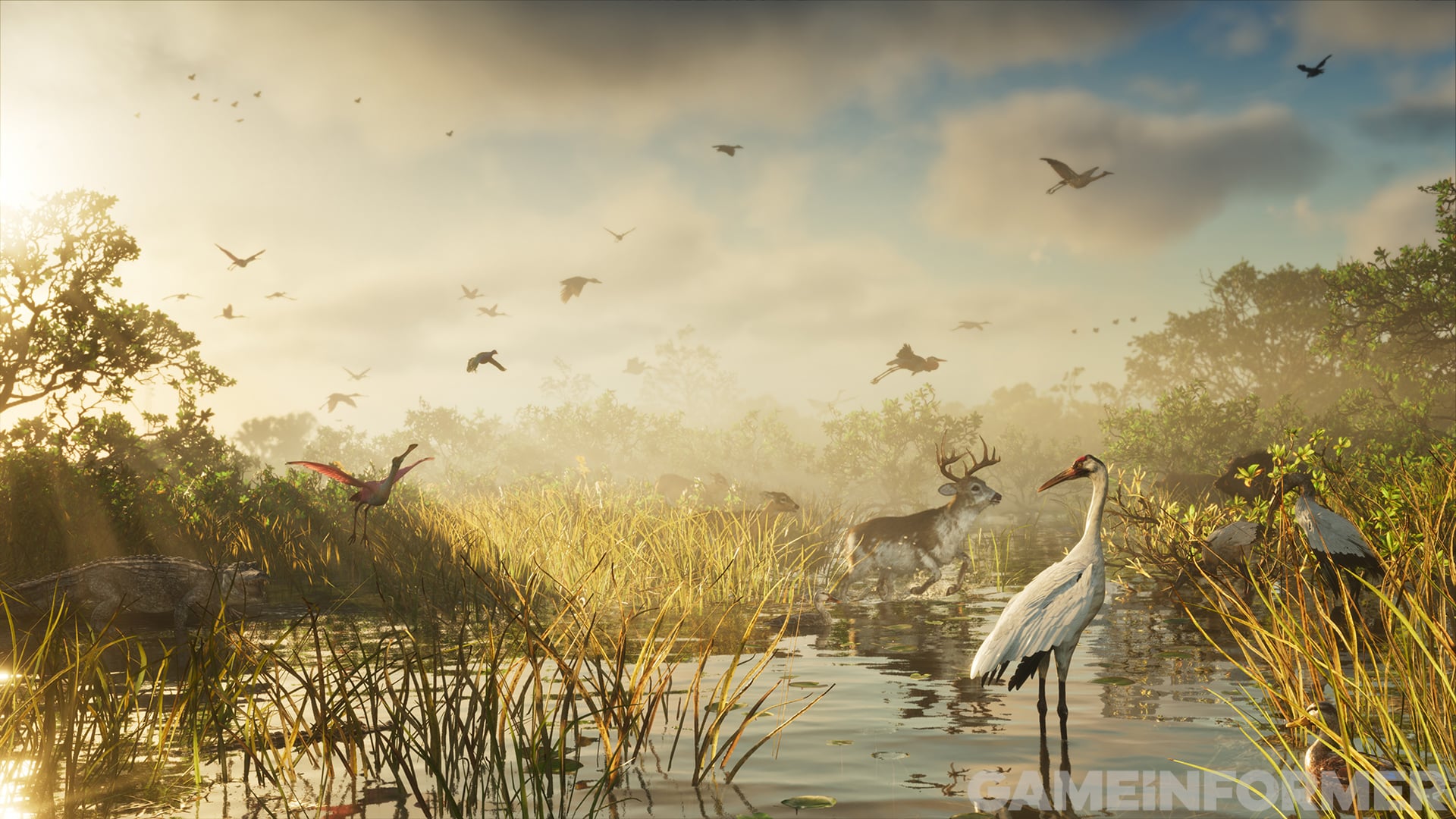 A deer and a tall white wading bird in a golden swamp in GTA 6, under a sky full of flying birds