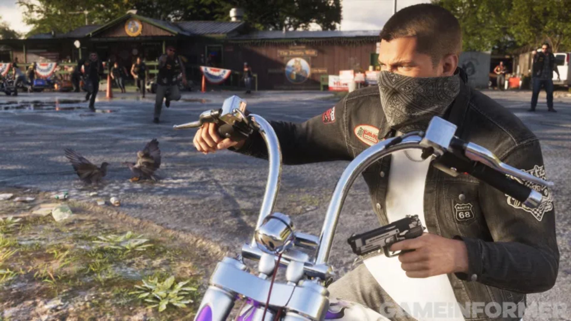 A man masked with a bandana on a chopper draws a pistol as bikers rush toward him in GTA 6