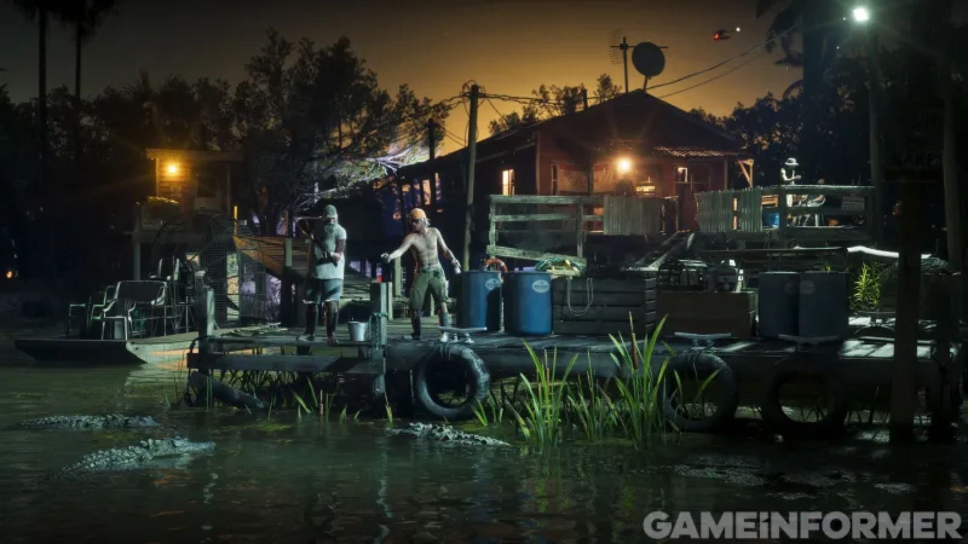 A wooden swamp dock at night in GTA 6, with men standing around, blue barrels and alligators in the water