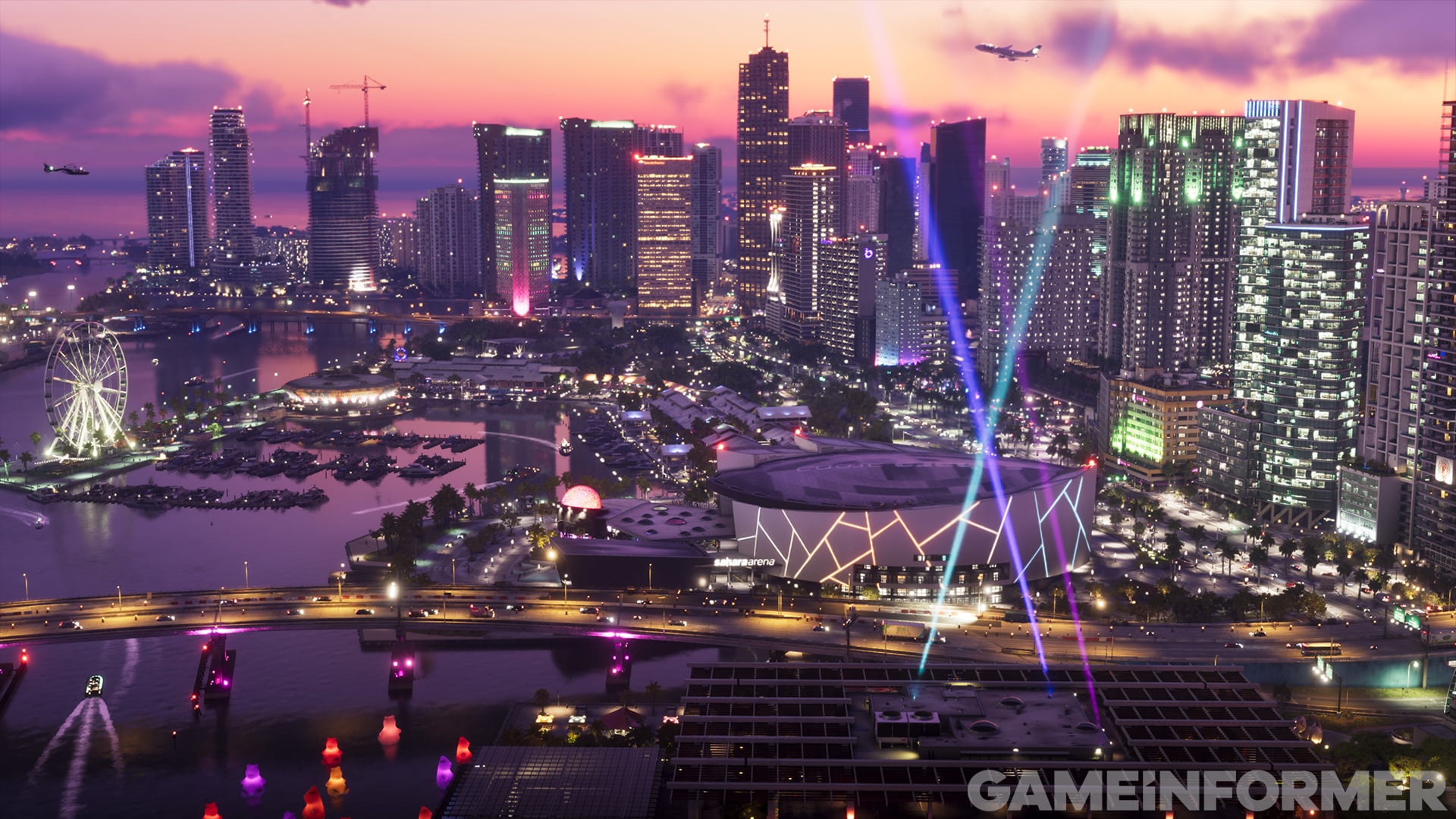 Vice City at dusk in GTA 6: skyscrapers, a Ferris wheel, a marina and light beams rising above an arena