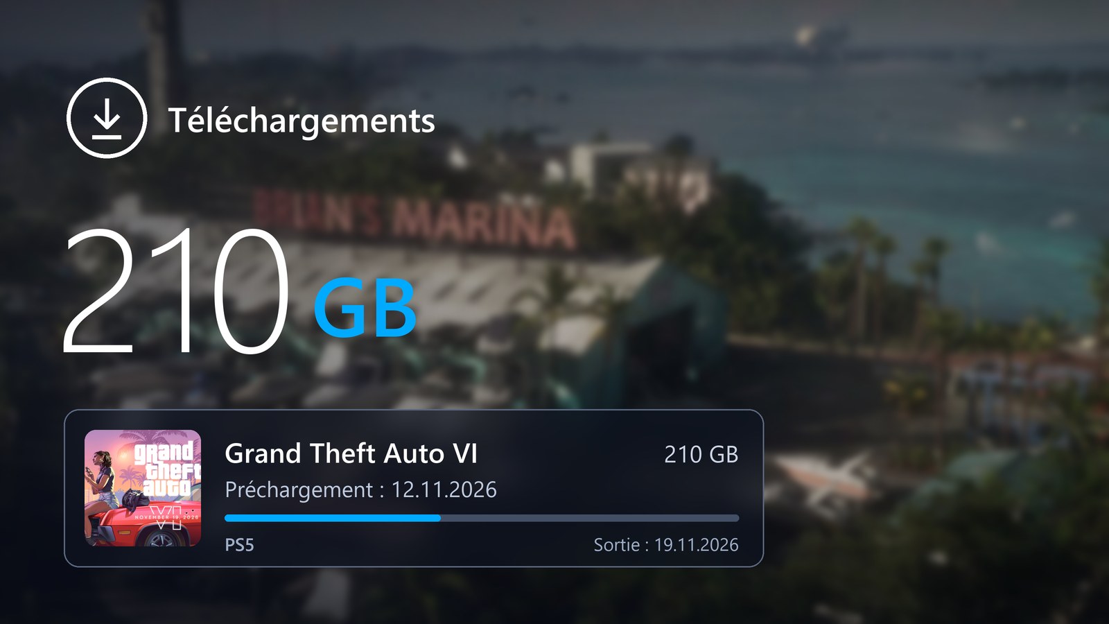 Écran de téléchargement façon PS5 : GTA 6, 210 GB, préchargement le 12 novembre 2026, sur fond de Brian's Marina à Vice City