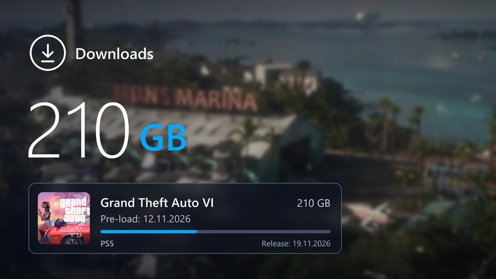 Ekran pobierania w stylu PS5: GTA 6, 210 GB, preload 12 listopada 2026, na tle Brian's Marina w Vice City