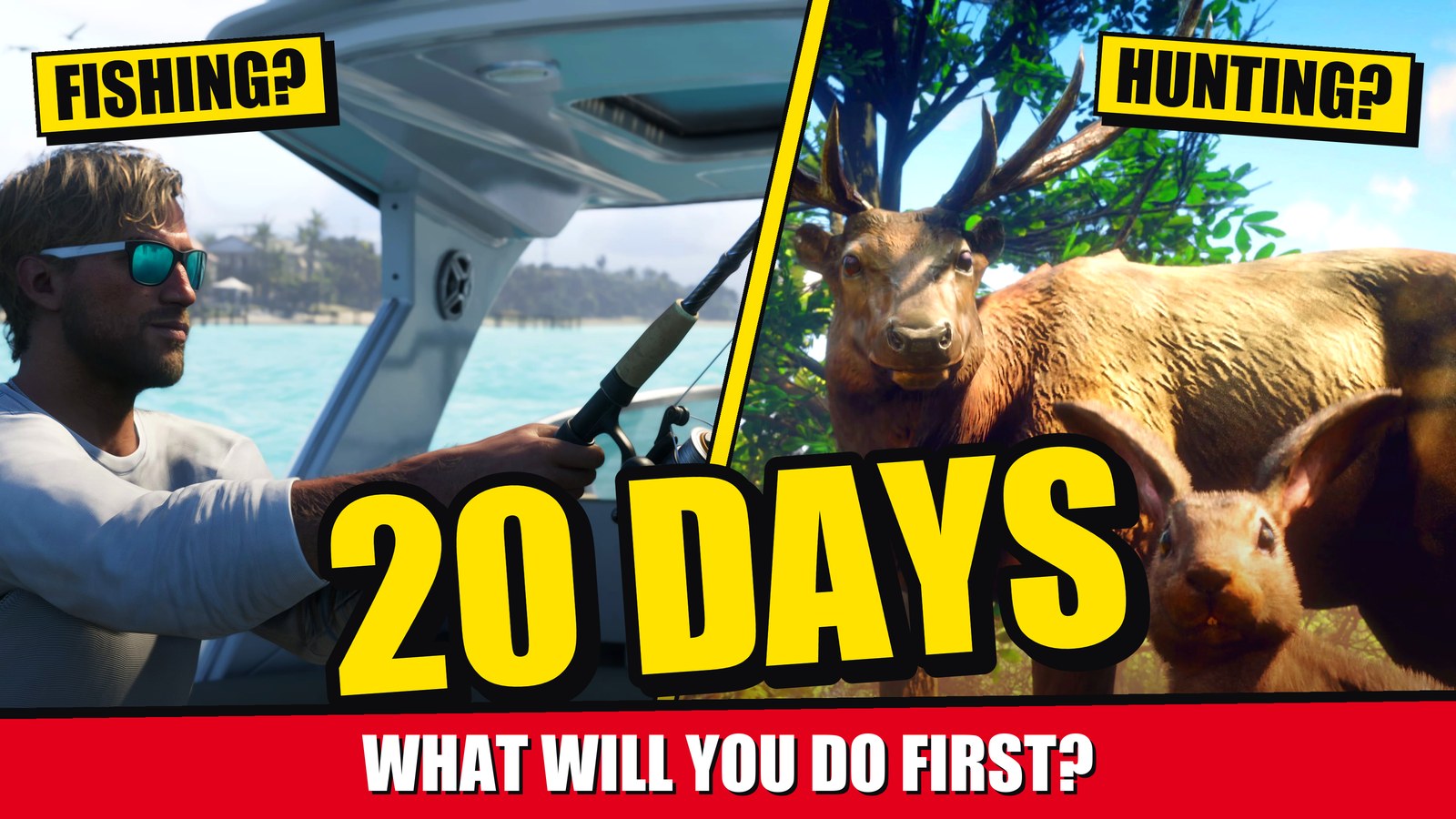 Noch 20 Tage bis GTA 6: Jason angelt mit einer Rute auf einem Boot, ein großer Hirsch blickt in die Kamera, dazu die Worte „fishing“, „hunting“ und „what will you do first“