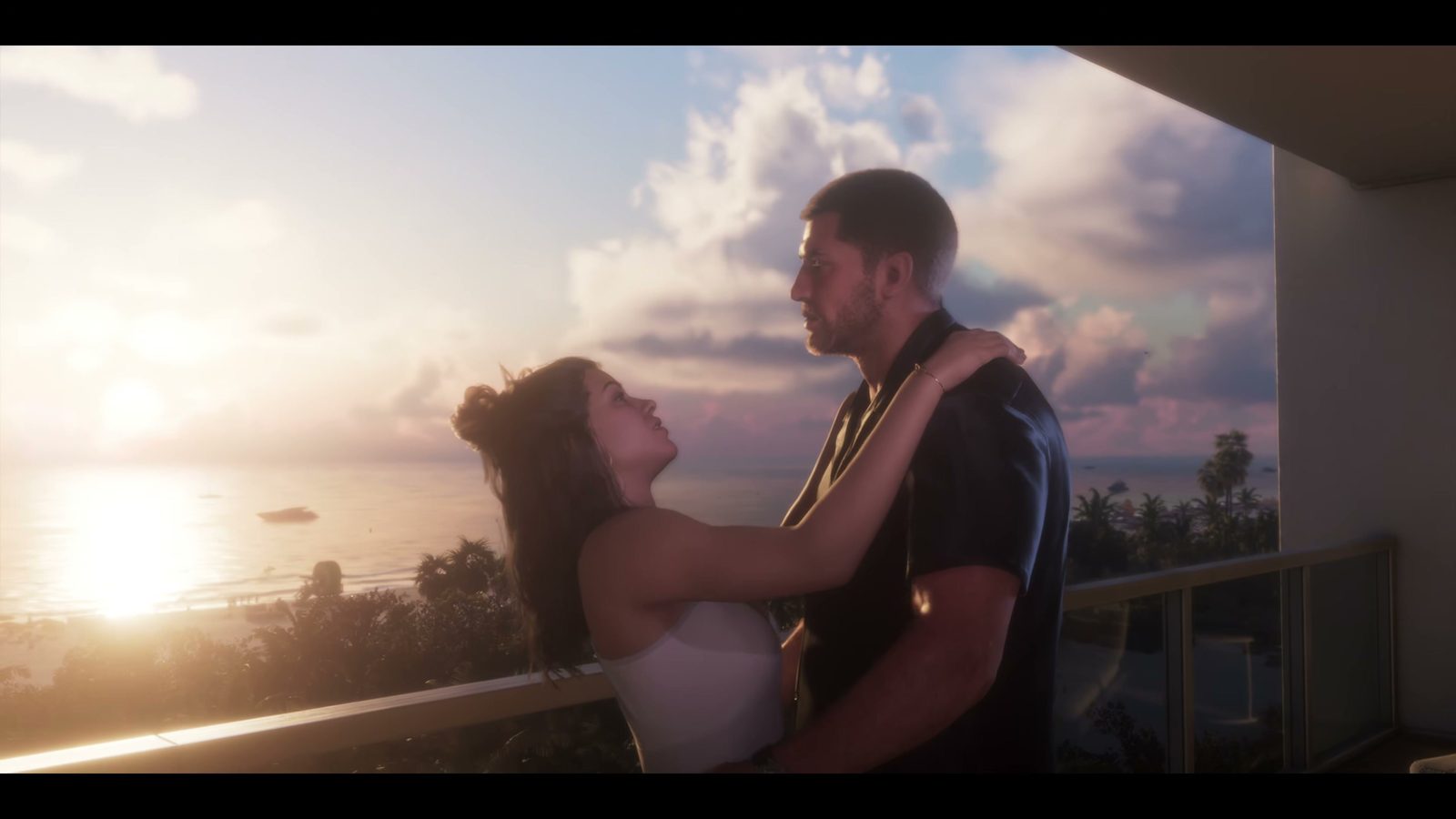 A man and a woman embrace on a balcony, facing the sunset over the sea, GTA 6 launch trailer