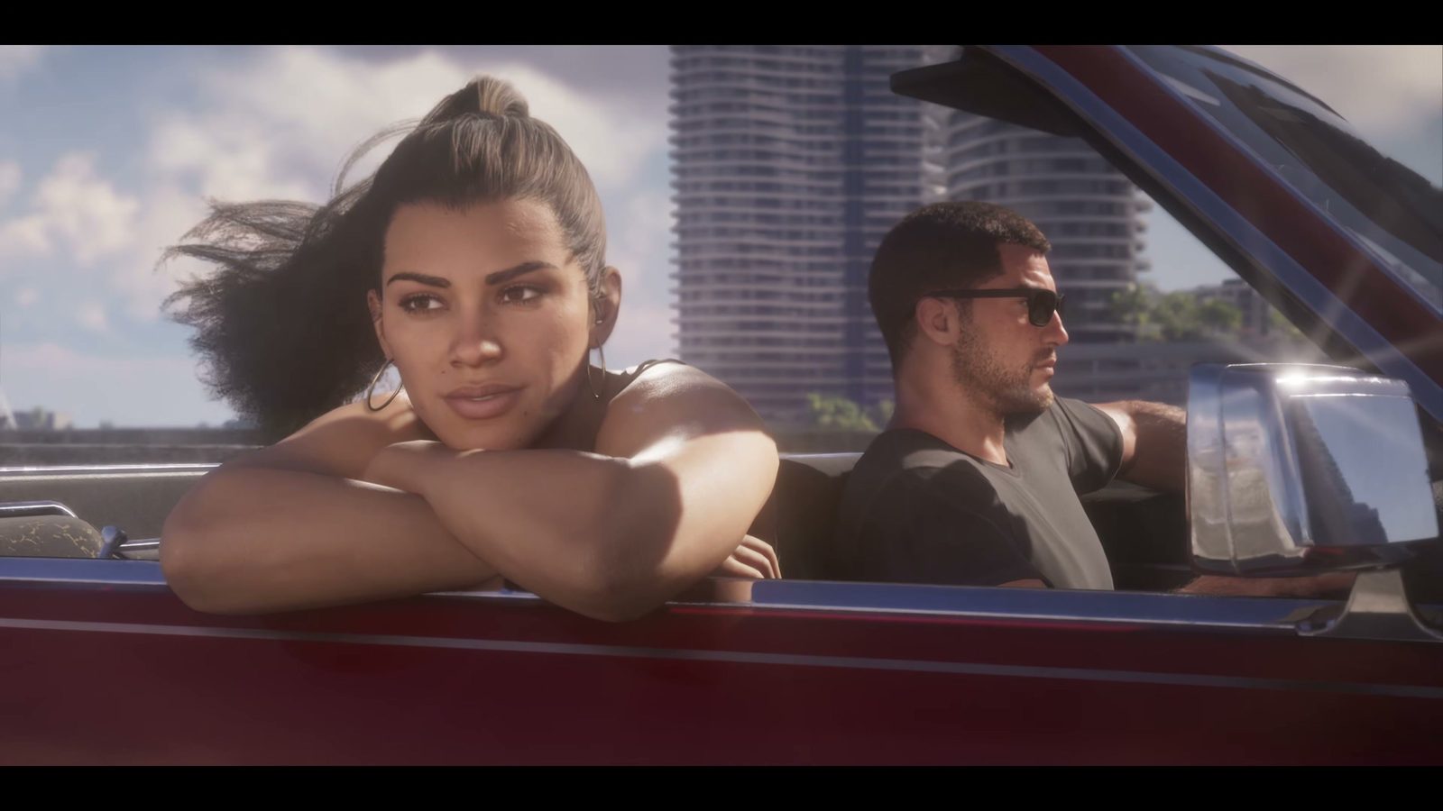 Lucia leaning on the door and Jason in sunglasses in a red convertible, GTA 6 launch trailer