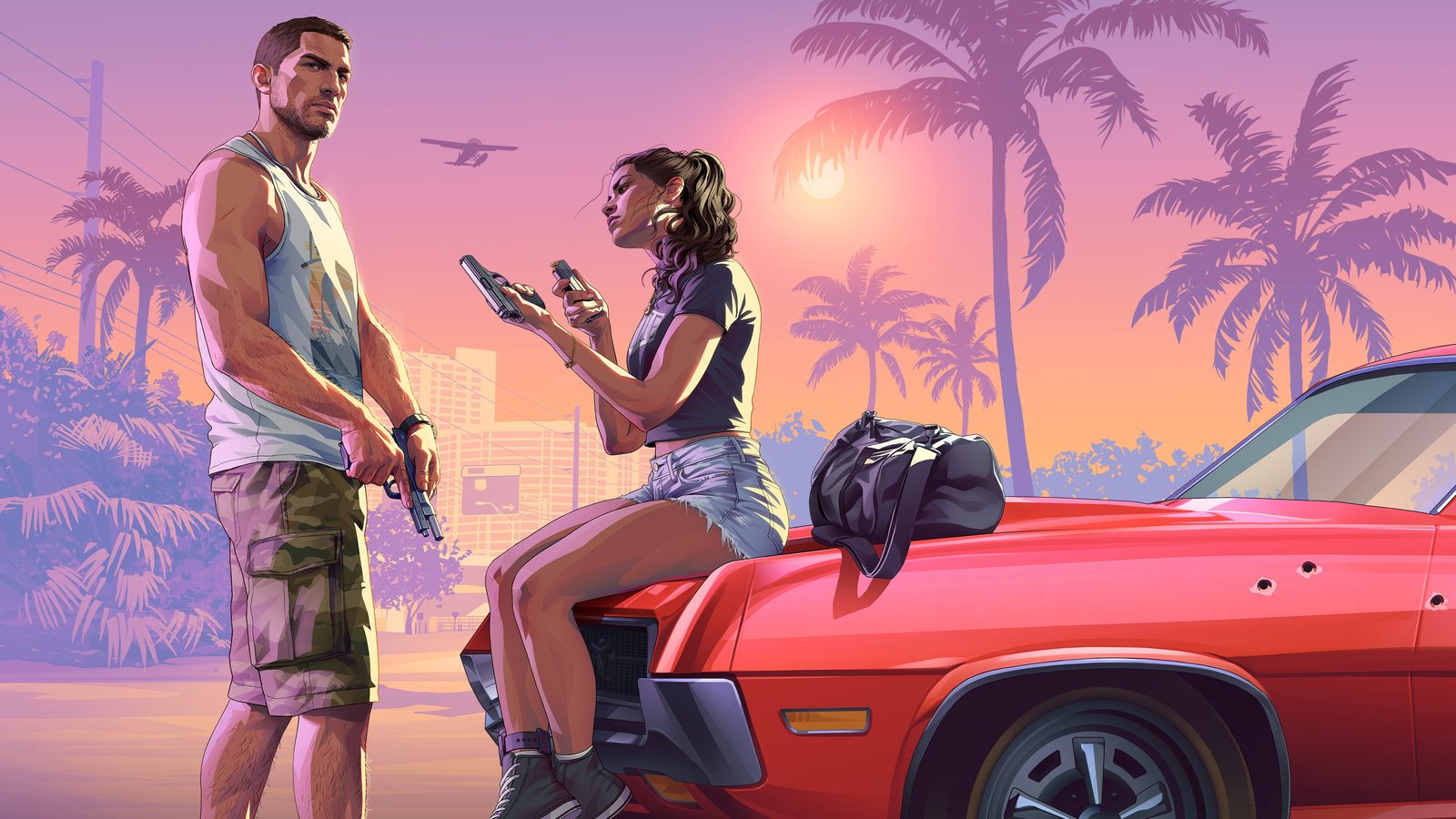 Jason holding a pistol and Lucia reloading hers, sitting on the hood of a bullet-riddled red car, official GTA 6 Lock and Load artwork
