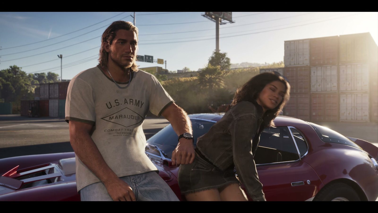 Jason et Lucia près d'une voiture rouge dans le trailer de lancement de GTA 6
