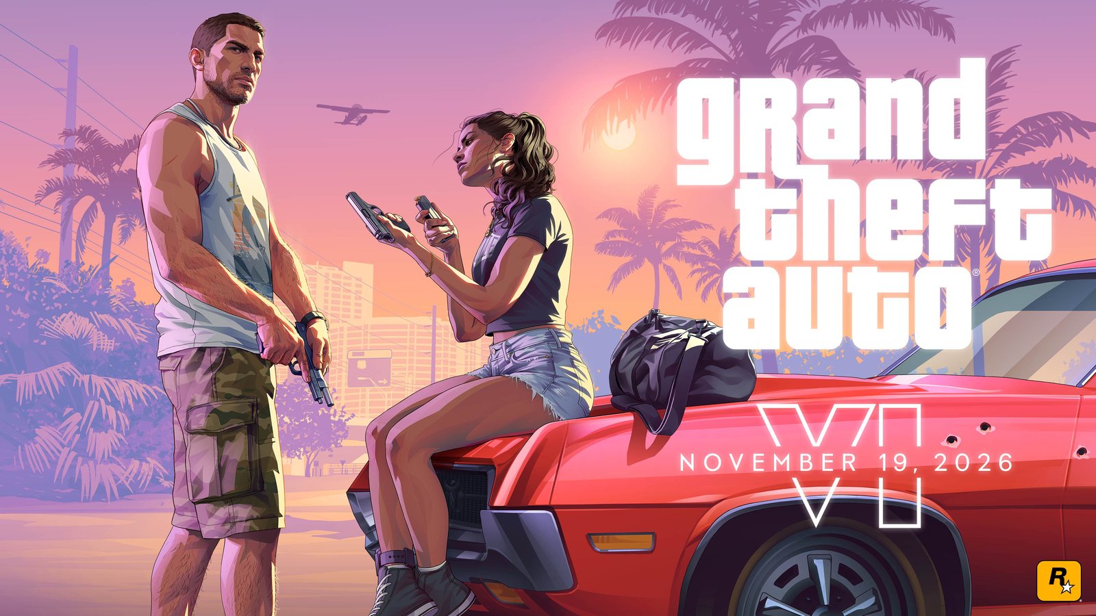 Jason and Lucia armed next to a red car, official GTA 6 launch trailer key art with the November 19, 2026 date