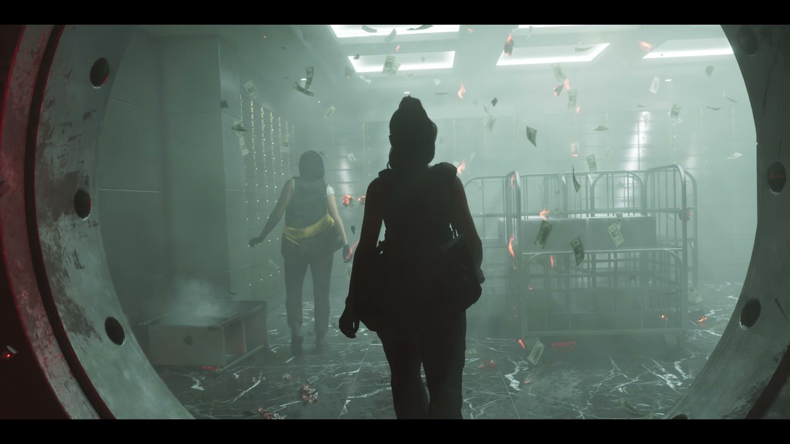 Two people walk through the round door of a vault, GTA 6 launch trailer
