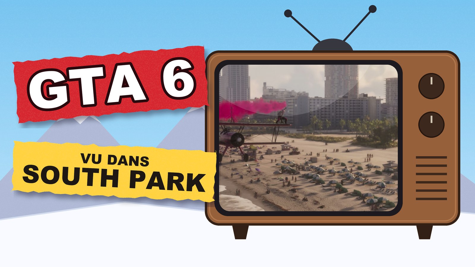 Illustration GTA 6 vu dans South Park : une vieille télé montre une plage officielle de Vice City, sous un ciel bleu et des montagnes enneigées
