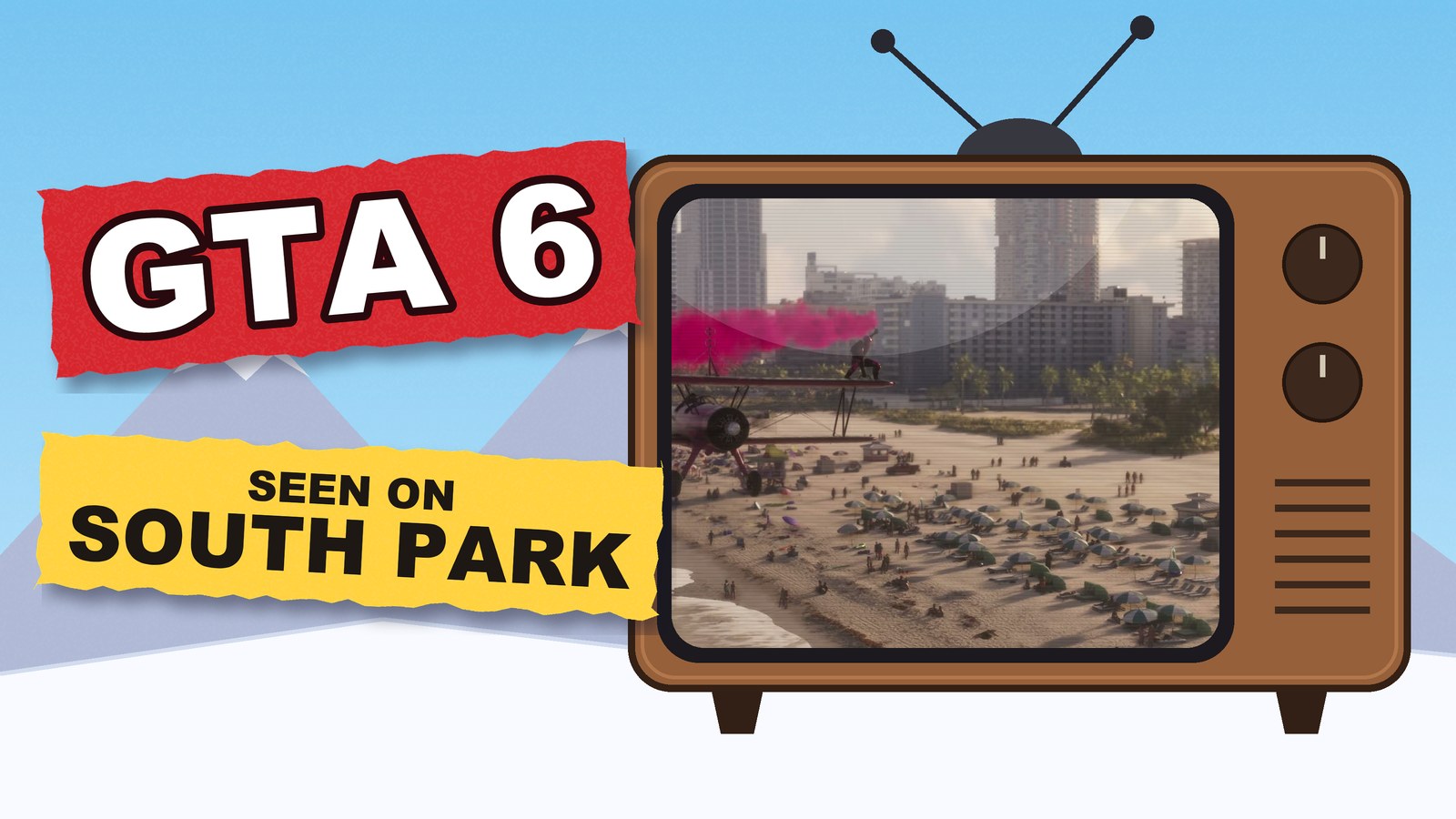 Ilustrasi GTA 6 di South Park: sebuah TV tua menampilkan gambar resmi sebuah pantai di Vice City, di bawah langit biru dan pegunungan bersalju
