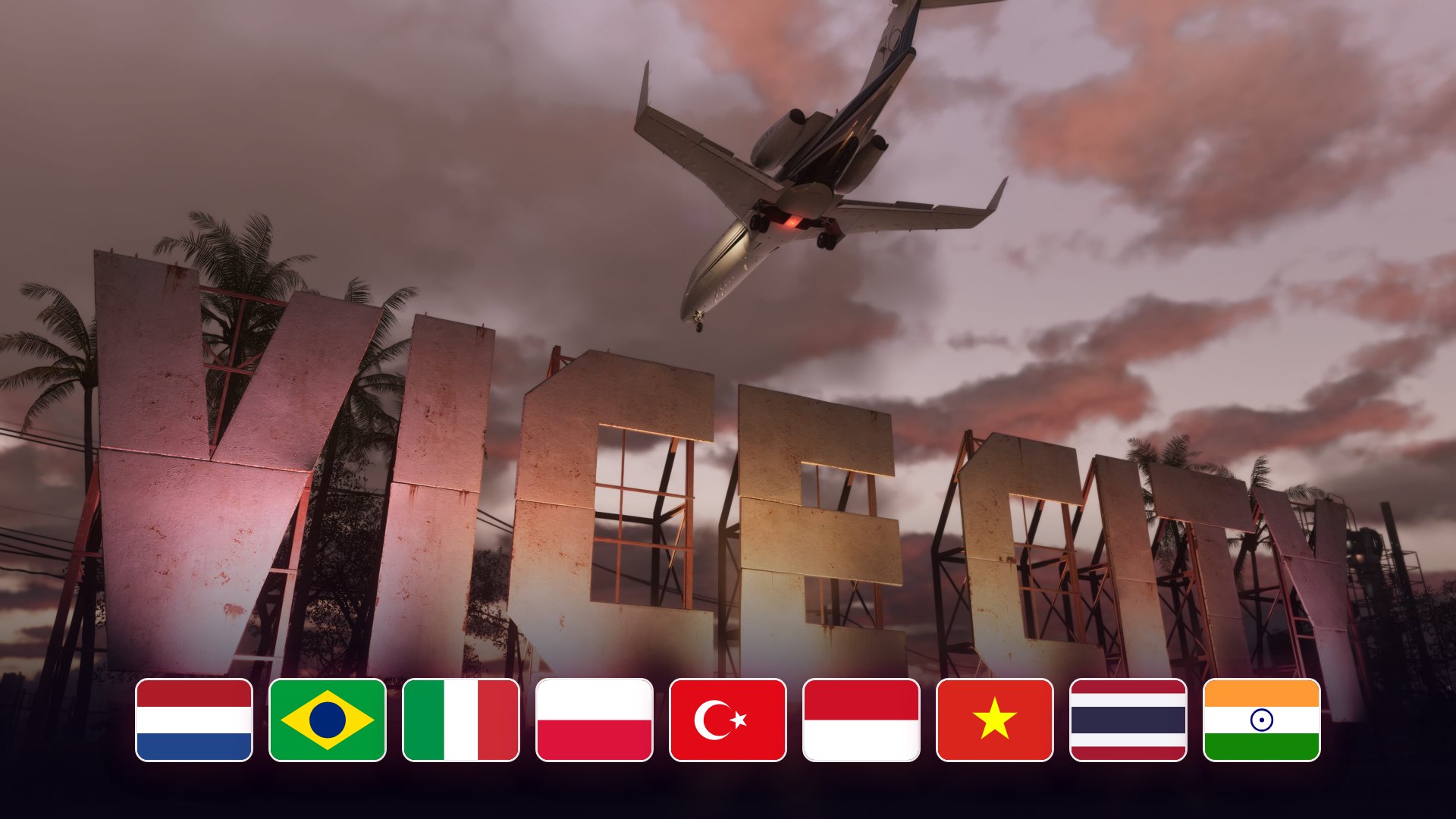 The flags of the 9 new GTA6Codes.fr languages in front of the giant VICE CITY letters at sunset in GTA 6