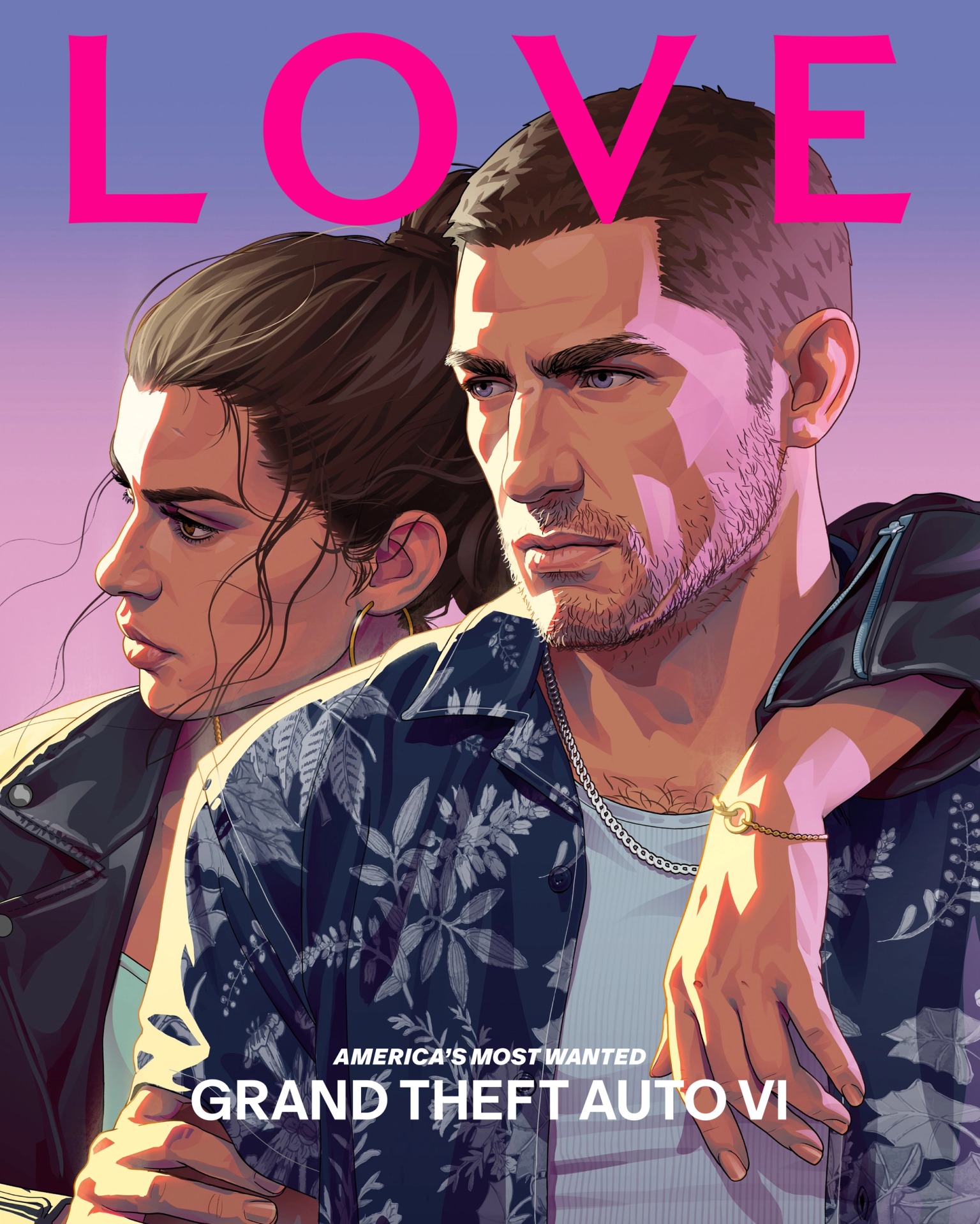 Cover of LOVE magazine A/W 27 dedicated to GTA 6: Lucia and Jason, America's Most Wanted