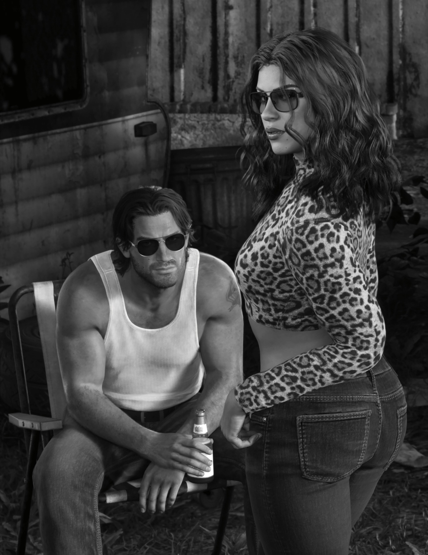 Black and white GTA 6 photo: Jason in a tank top sitting in front of a trailer, Lucia standing in a leopard top
