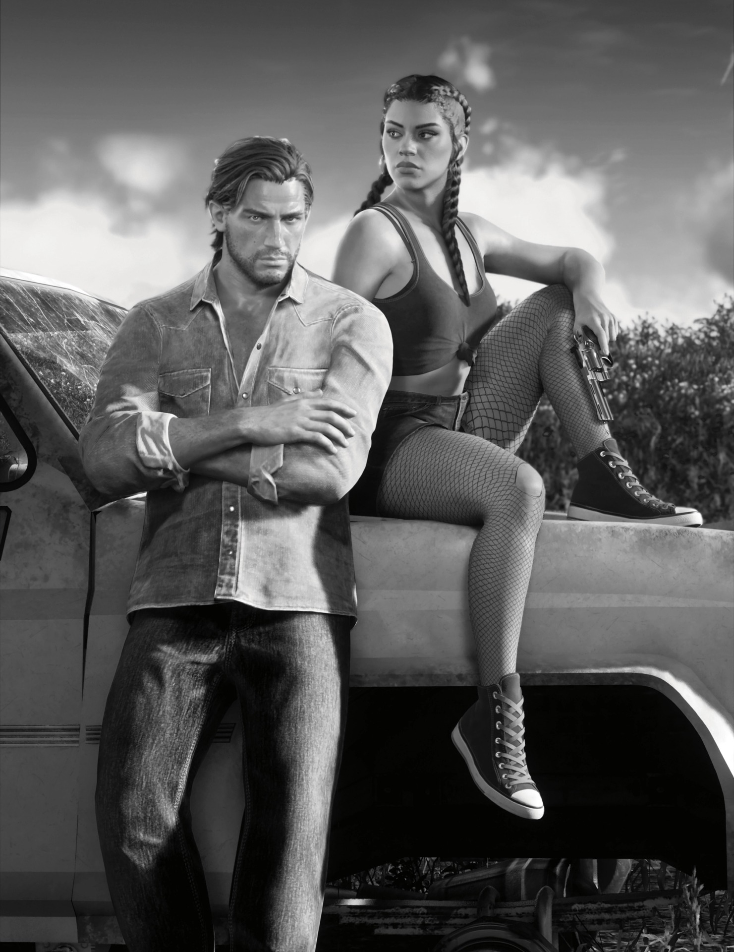 Black and white GTA 6 photo: Jason with arms crossed against a pickup truck, Lucia sitting on the hood