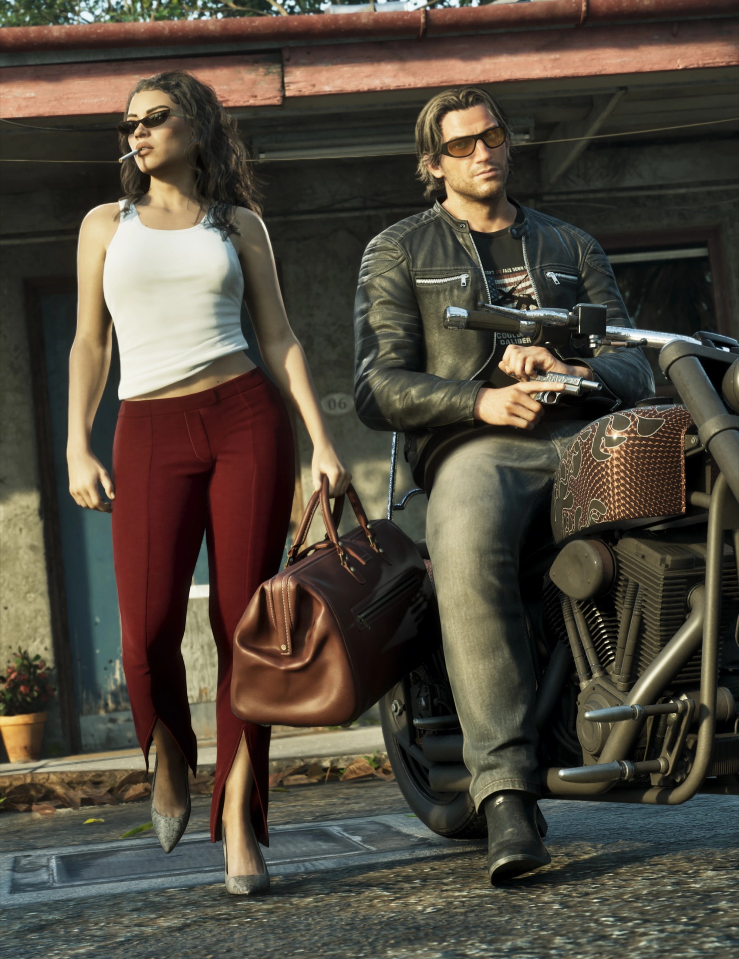 Lucia in a white tank top and red trousers, leather bag in hand, next to Jason on a motorcycle in GTA 6