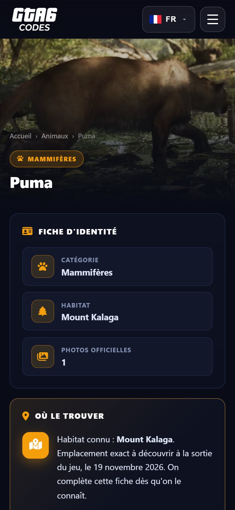 GTA 6 cougar page shown on a phone, on GTA6Codes.fr