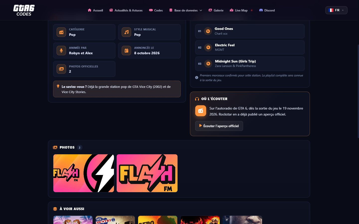 Flash FM radio station page on GTA6Codes.fr with its three confirmed songs