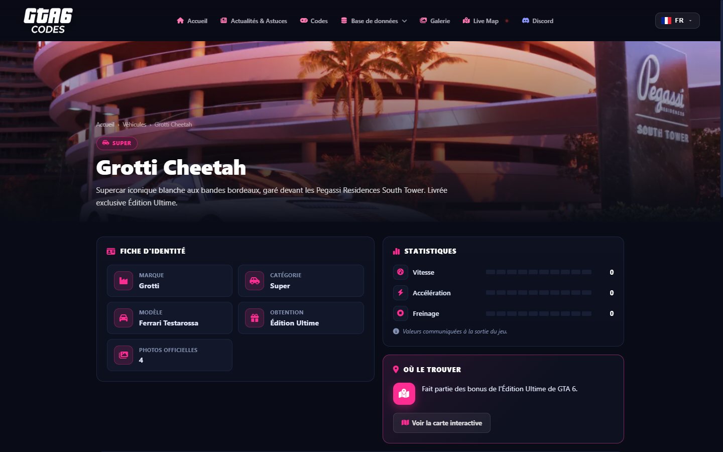 Detailed Grotti Cheetah page on GTA6Codes.fr: ID card, stats and where to find it