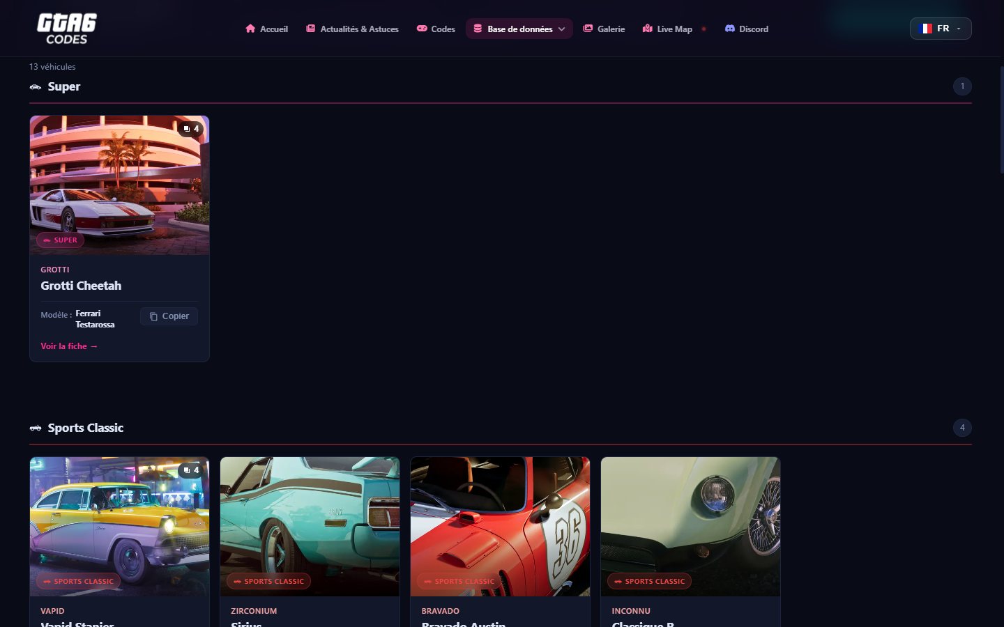 GTA6Codes.fr Vehicles page with clickable cards and the View details link