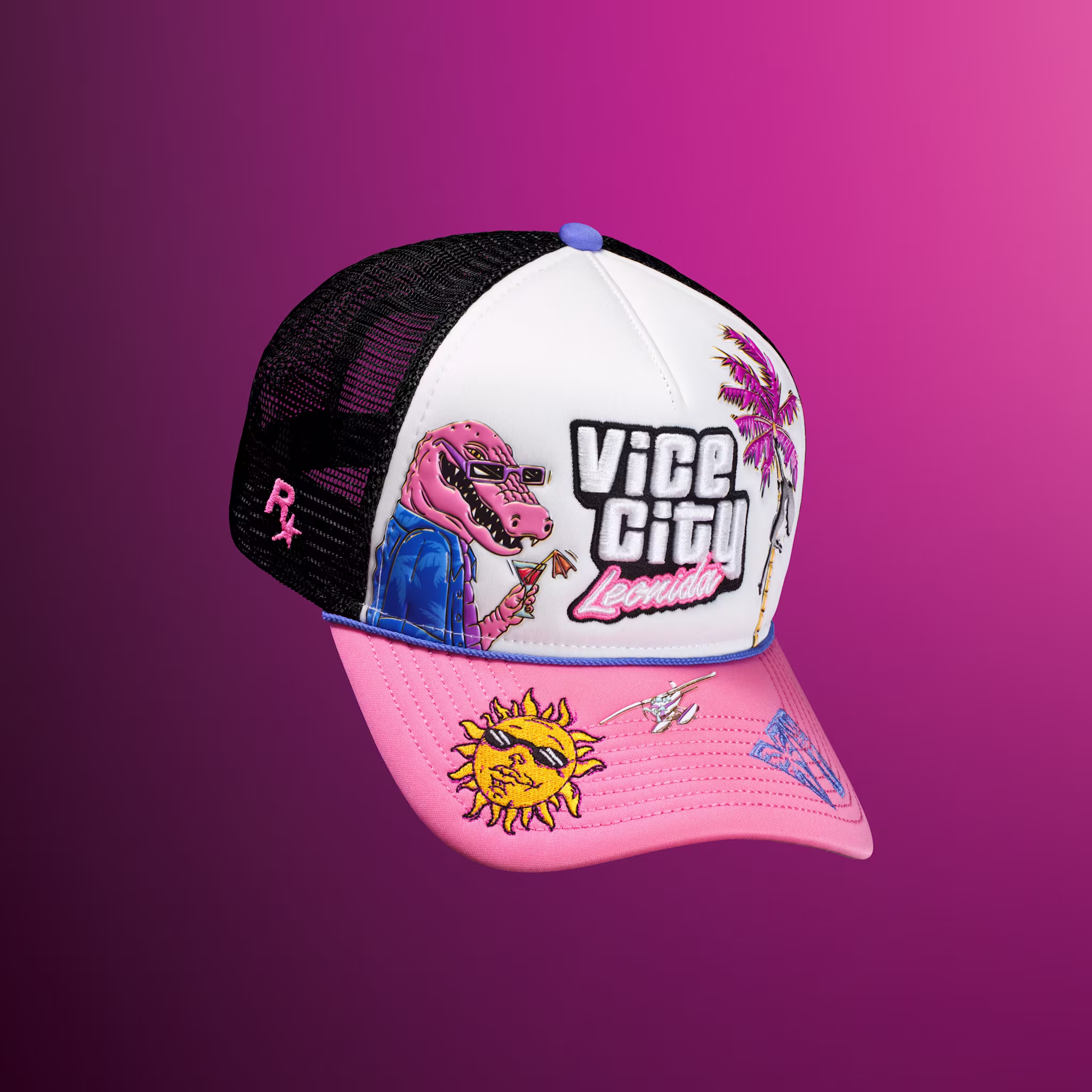White and pink New Era 9FORTY cap embroidered with Vice City Leonida and Macca the Gator