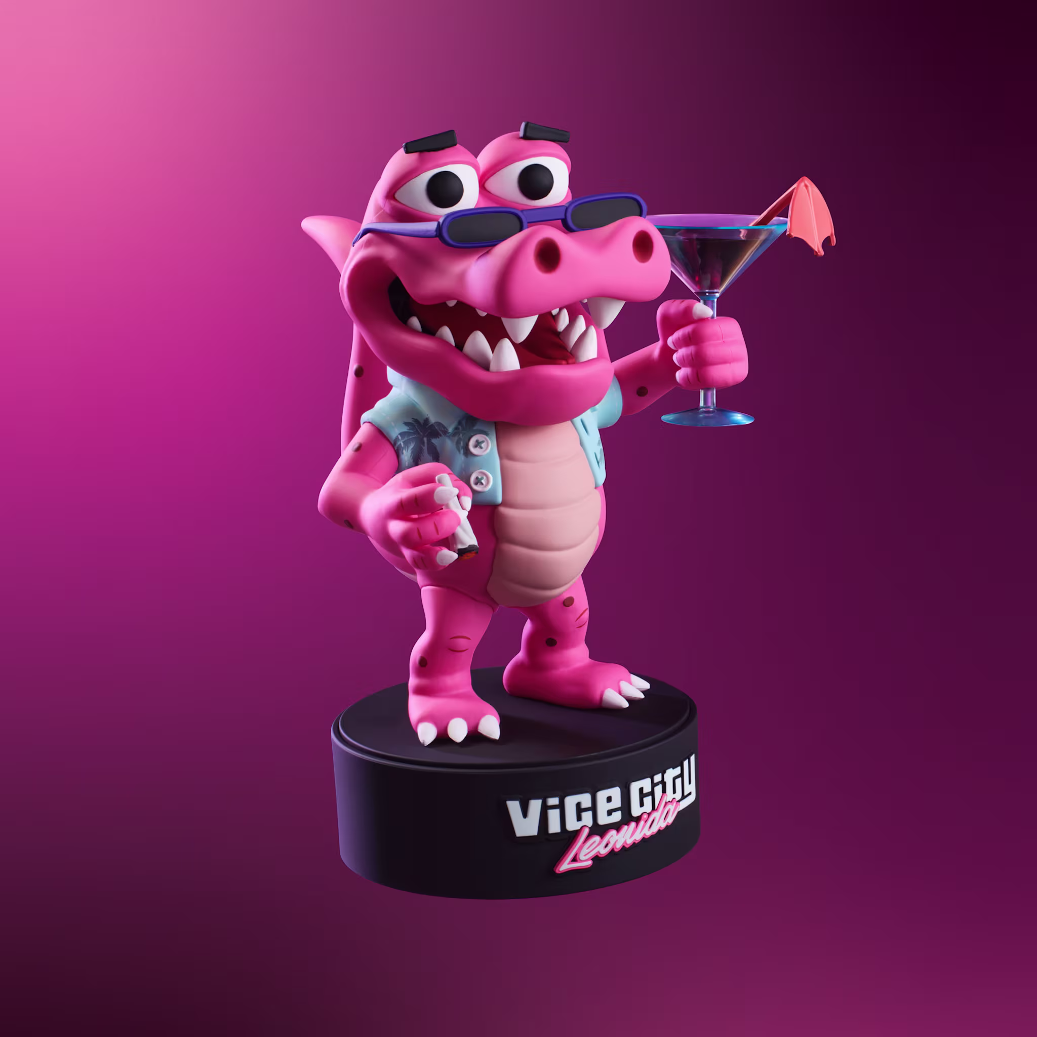 Macca the Gator figure, a pink alligator in sunglasses holding a martini, on a black Vice City base