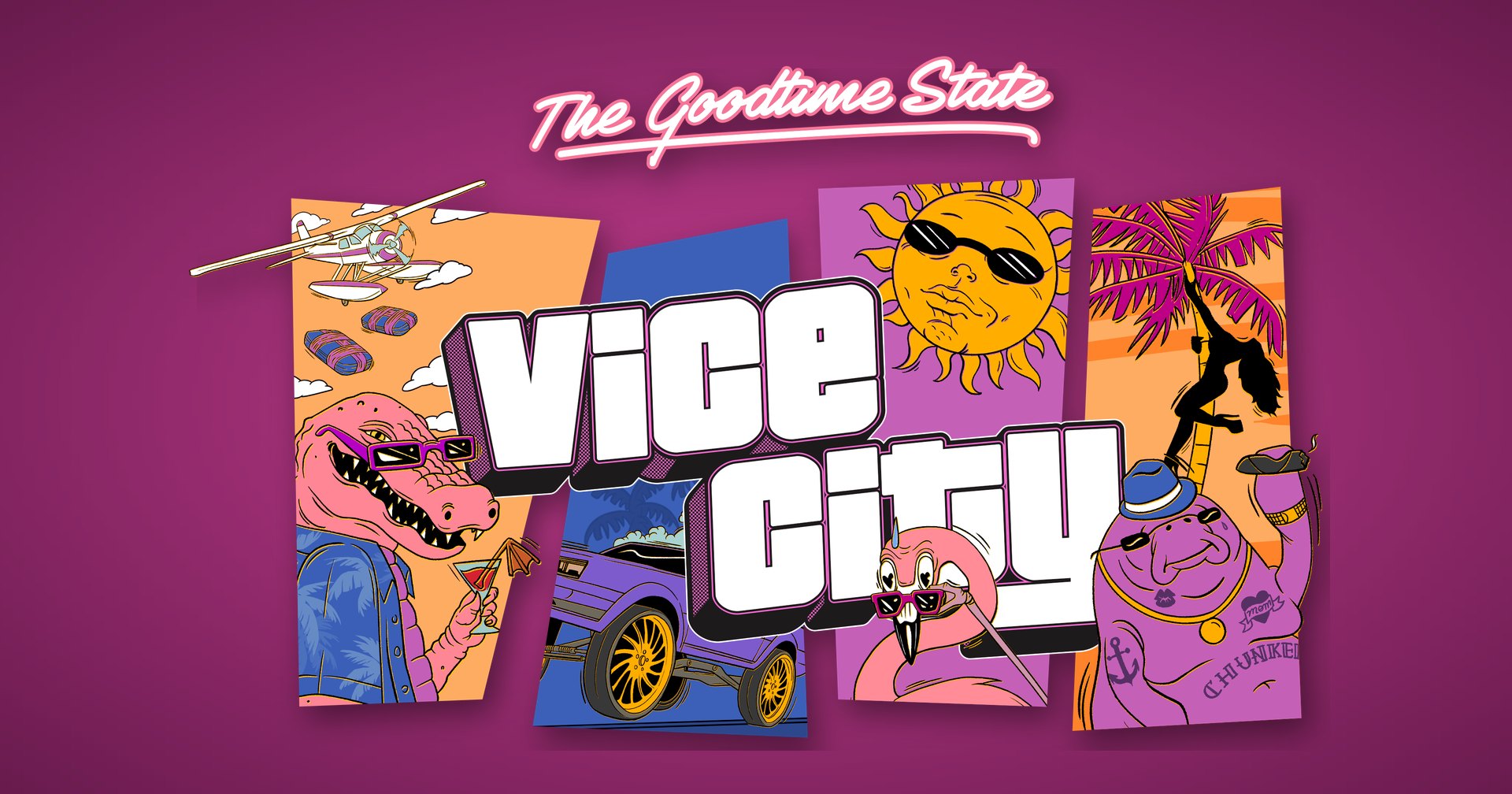 Official The Goodtime State Vice City artwork with Macca the Gator, a flamingo and Chunkee the Manatee