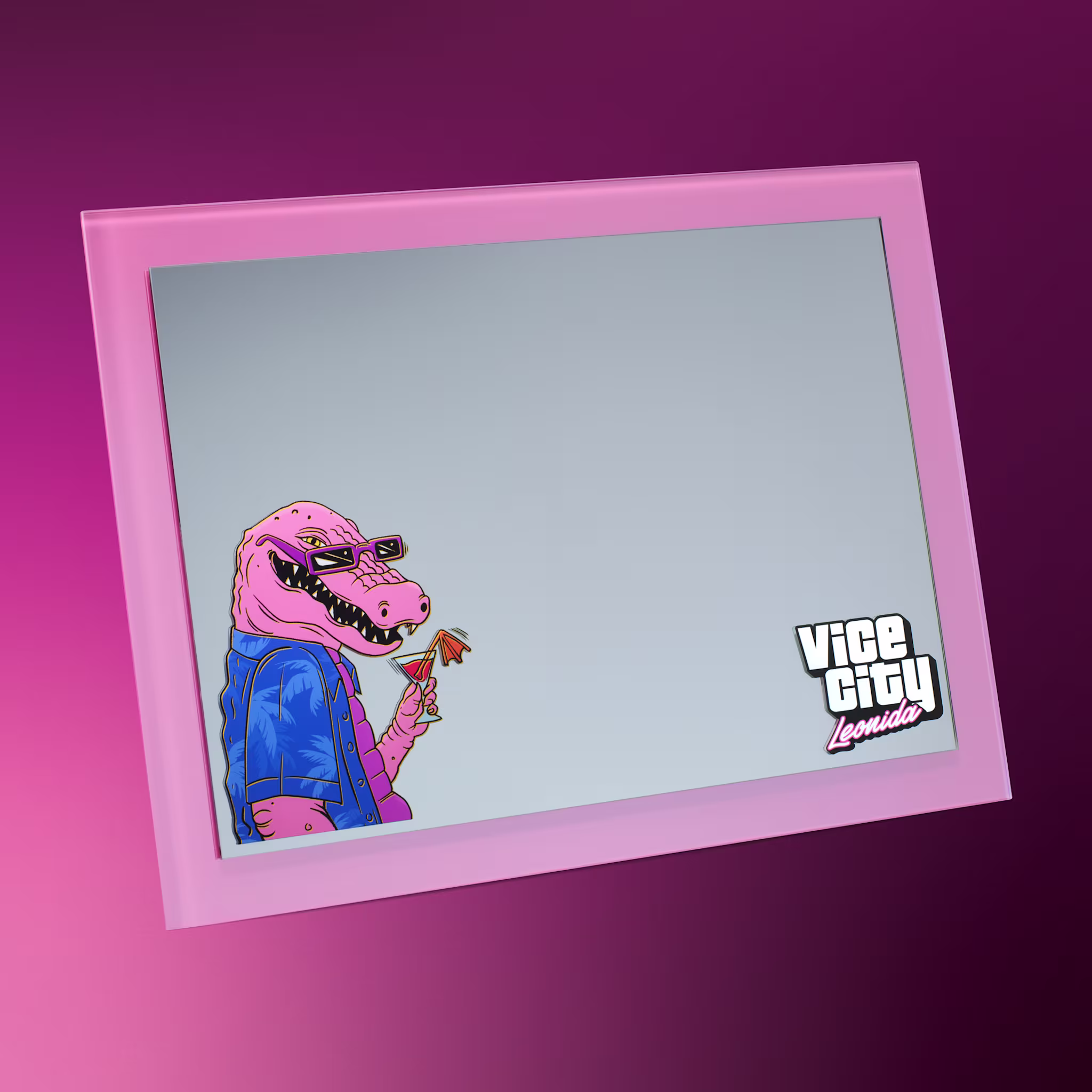 Rectangular pink mirror featuring Macca the Gator and the Vice City Leonida logo
